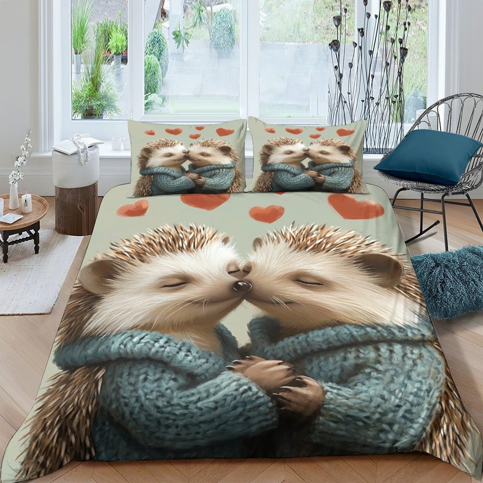 Ctjqhvkz Style-9 3D Printed Hedgehog Couple Fitted Sheet Microfiber Soft Anti-Slip Heart Pattern Bed Cover Bedroom Decor Single（135X200cm）