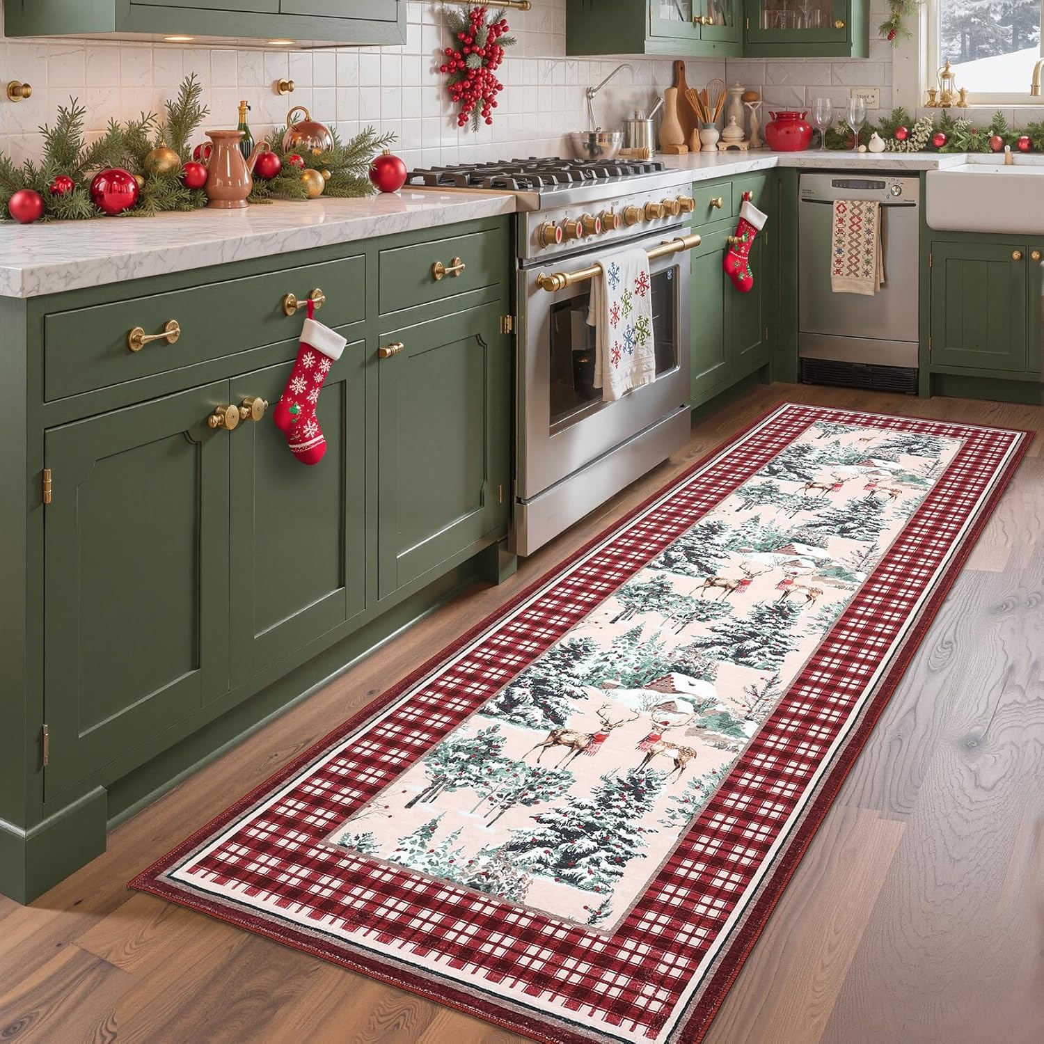 GarveeHome Christmas Washable Runner Rug 2.5x8, Holiday Decor Runners for Kitchen Soft Low Pile Christmas Tree and Deer Rug Non Slip Long Carpet for Living Room Laundry Hallway, Red