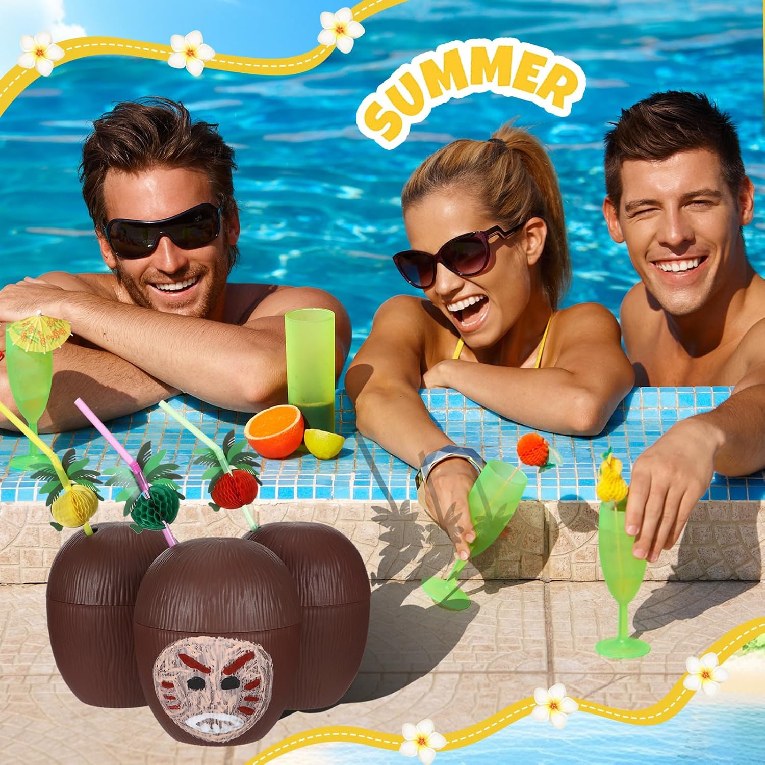 Yungyan 24 Pcs Coconut Cups with 24 Straws and 12 Mini Acrylic Paint, Natural Bowls Hawaiian Luau Beach Party Favor for Drink Ice Cream