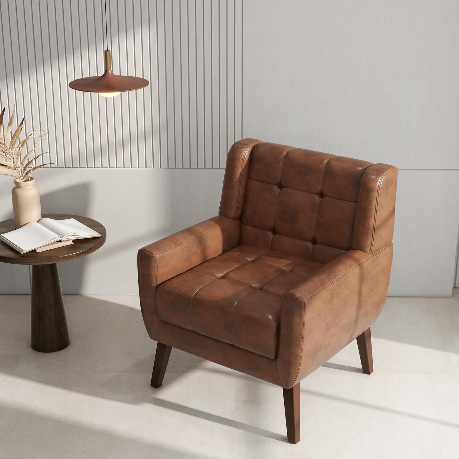 Accent Chair, Comfy Mid Century Modern Small Armchairs with Solid Wood Frame and Soft Cushion for Living Room, Bedroom (Faux Leather, Coffee, Set of 2)