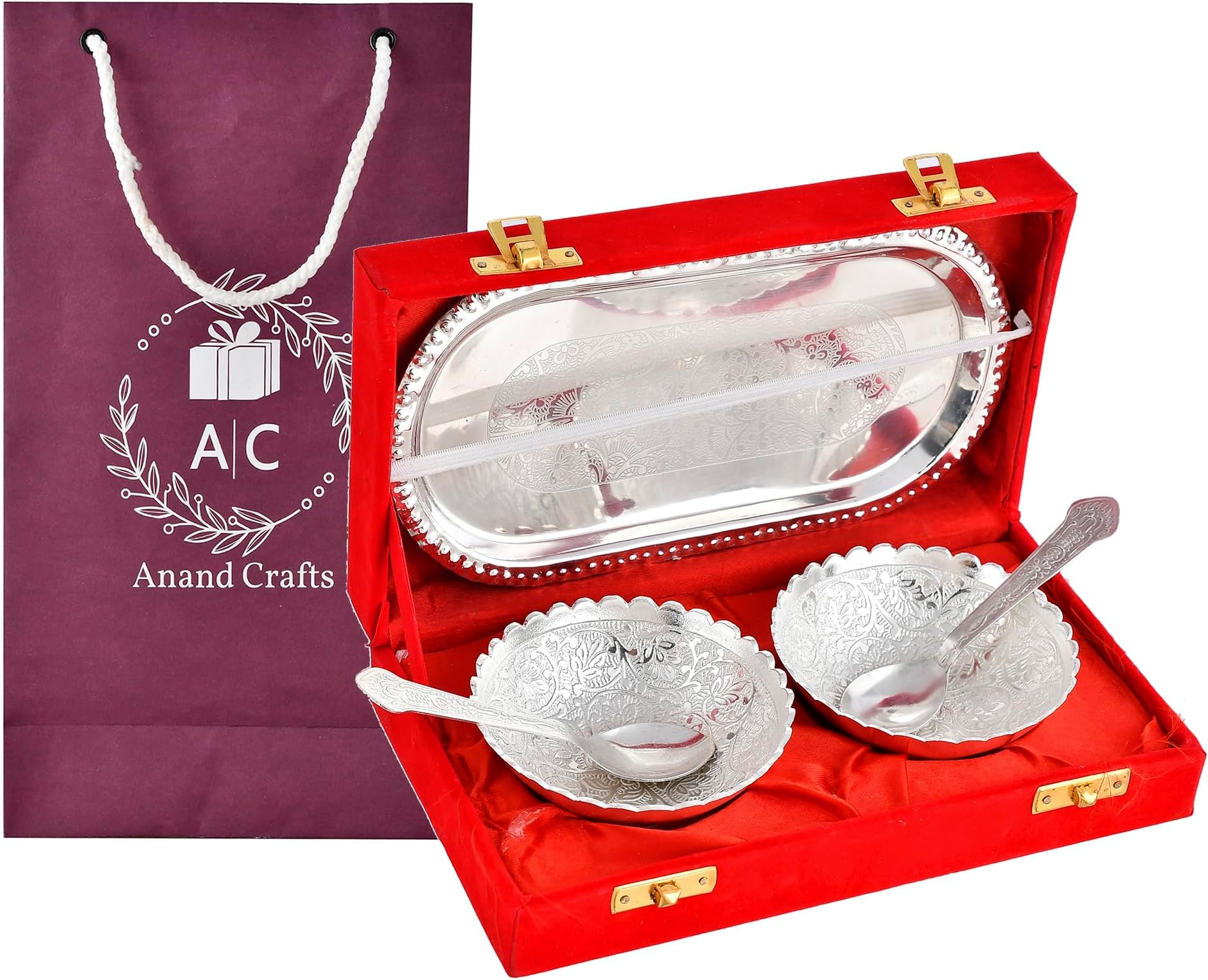 German Silver Plated Bowl Set | Solid White Metal | Beautiful Gift Bag l Wedding Gift for Couple, German Silver Bowl Set,(Set of 5pc, Silver, Red Velvet Box)