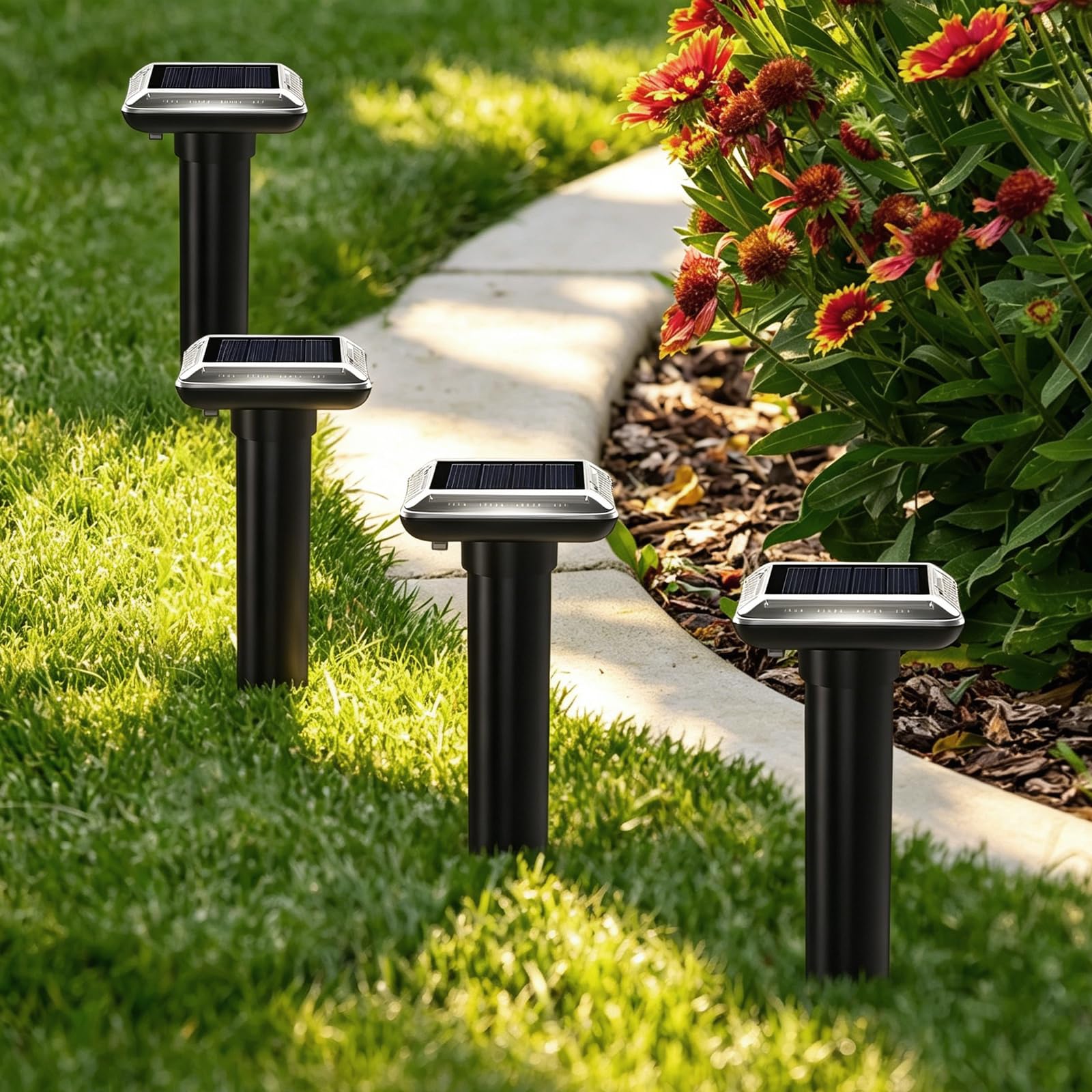 Solar Spaventapasta in marmo, set di 4 spaventapasseri IP66 per prato da giardino | Segnale di vibrazione ogni 50 secondi, si carica alla luce del giorno, montaggio spiedino per il letto di fattoria e verdura