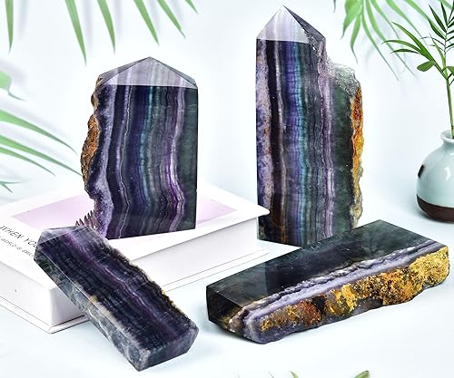 Miniatura 5 de AMOYSTONE Grandes torres de fluorita de cristal curativo con obelisco de arco iris, bloque de piedra grande, decoración del hogar, curación de