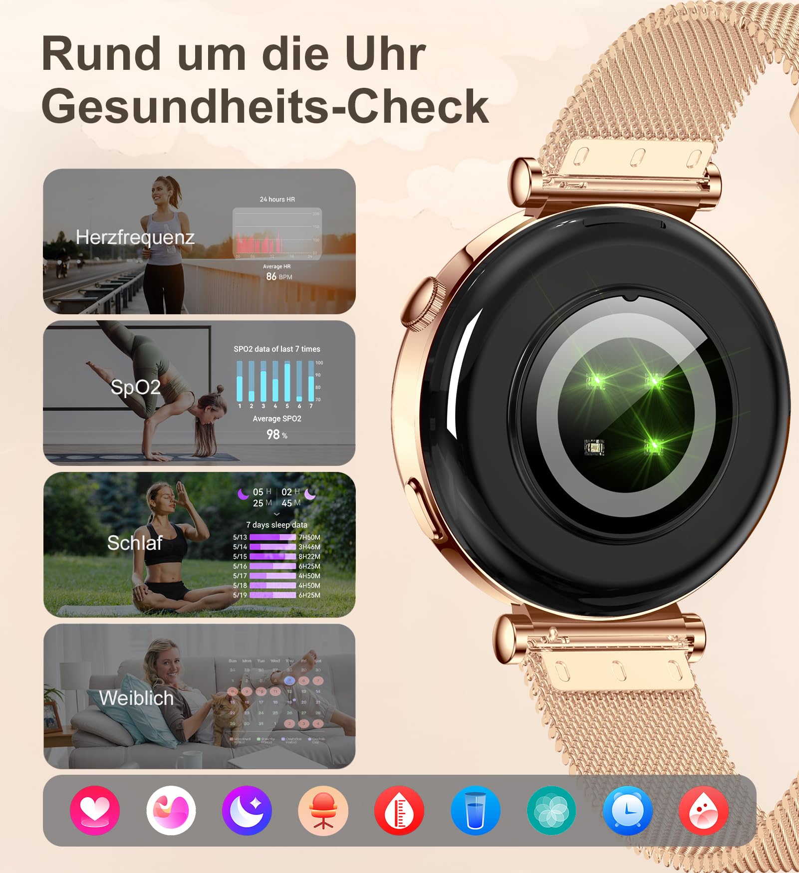 Smartwatch Damen mit Telefonfunktion 1,27" HD Touchscreen 41mm Fitness Tracker 100+ Sportmodi Schlafmonitor Schrittzähler Rund Smart Watch für iOS Android Roségold