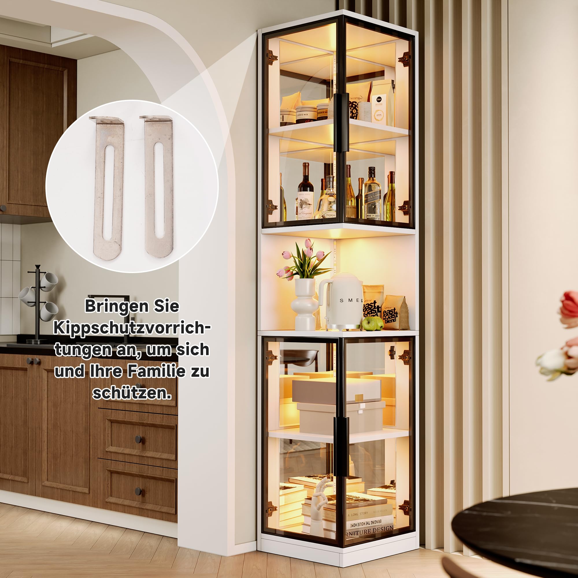 LED-Glasvitrine, 205 cm hoch, mit Glastüren und Spiegelrückwand