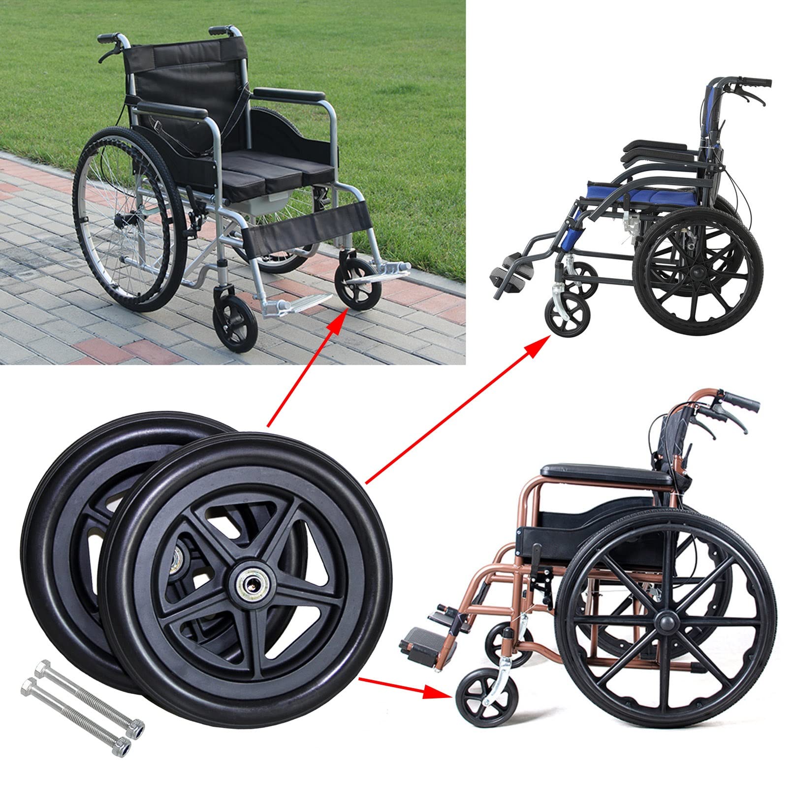 Ruedas de repuesto para andador, ruedas de goma sólida con rodamientos, accesorios para ruedas de silla de ruedas, eje 5/16, compatibles con varios modelos de Walker