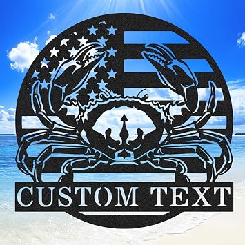 Personalized American Flag Crab Sign Metal Wall Art, Custom Name Crab Metal Beach Sign, Customized Crab Backyard Patio Pool Bathroom Coastal Lake House Decor Last Name Sign