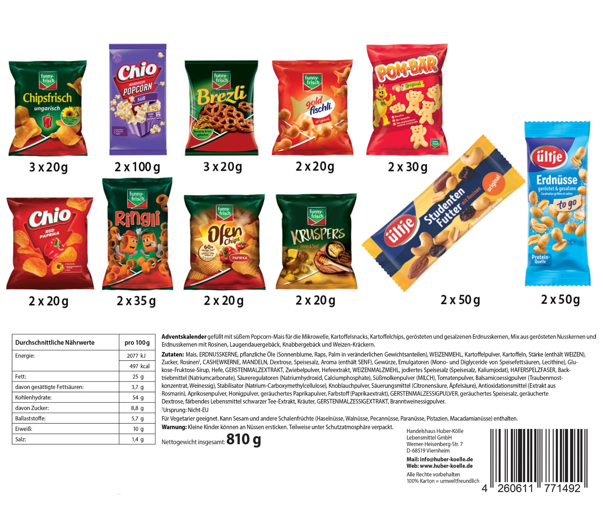 Intersnack Adventskalender 2025 810 g Knabber-Überraschung Funny-Frisch Pom-Bär Chio ültje Snacks