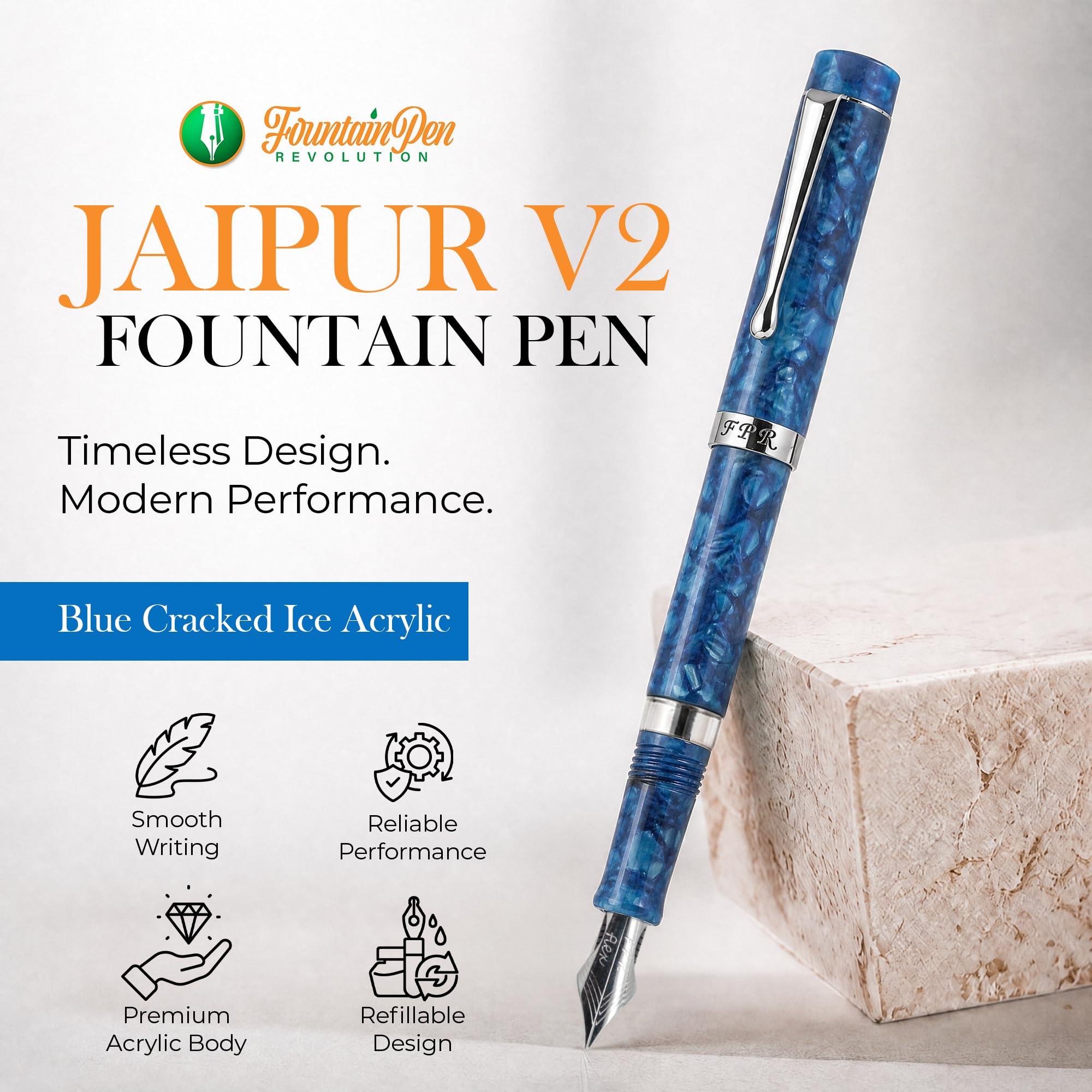 Jaipur V2 – Stylo-plume rechargeable ultra flexible avec pointe en acier inoxydable – Corps en acrylique et alimentation en ébonite – Stylos plume pour journal et calligraphie – Bleu