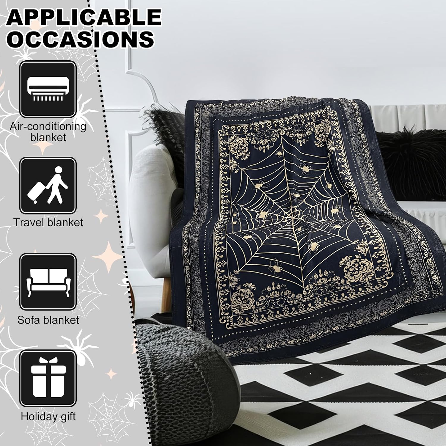 Breling Spider Web Blanket 72'' x 51'' Halloween Gothic Gift for Women Men Whimsigoth Throw Blanket Soft Flannel Victorian Witchy Birthday Gifts for Couch Bed Chair Goth Halloween Room Decor