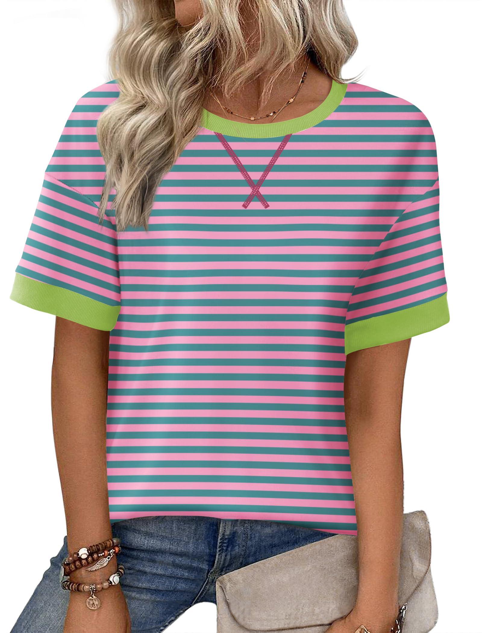 Zeagoo Womens Tops Casual Oversized Short Sleeve Sweatshirt Summer Striped Shirt Crewneck Pullover Loose T Shirts Blouse