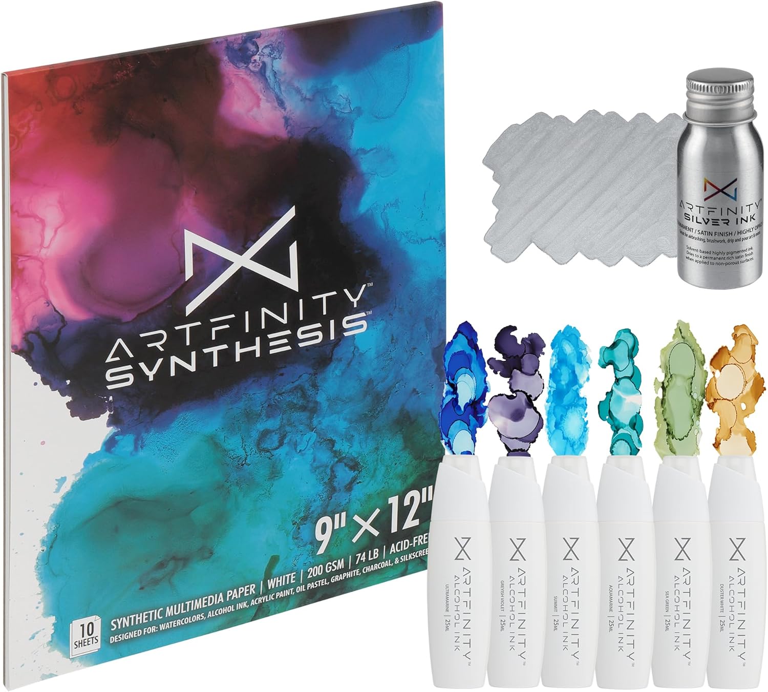 Alcohol Ink - Sea Set, 8 Pieces | 10 Sheets 9x12 Multimedia Paper | Fast-Drying, Permanent, Transparent Alcohol Inks for Gloss Paper, Glass, Metal | 25 ml Bottles