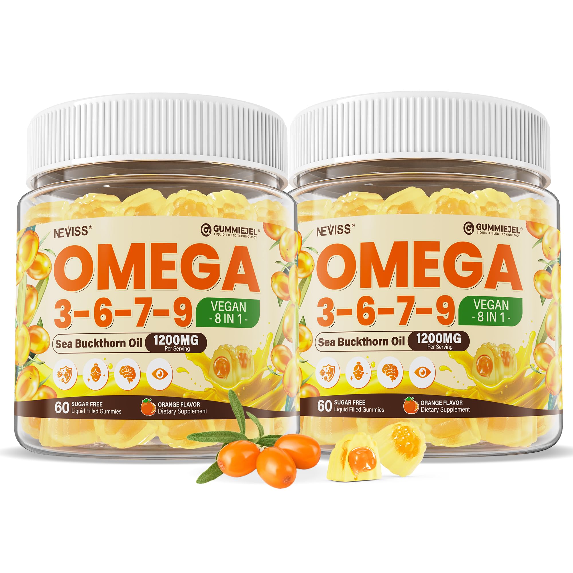 Omega 3-6-7-9 Gummies, Sea Buckthorn Oil 1200MG, Flaxseed Oil 500MG, 120Cts 60 Count (Pack of 2)