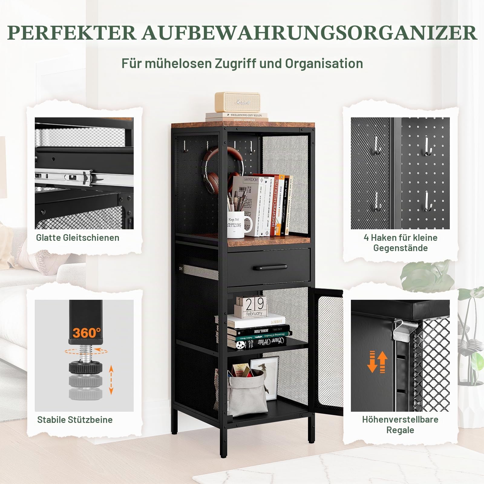 Aufbewahrungsschrank Mehrzweckschrank Küchenschrank Buffetschrank Beistellschrank Kommode mit Schublade Toilettenschrank Bücherschrank Badschrank schmales Badregal verstellbare Ablage 40x40x120cm