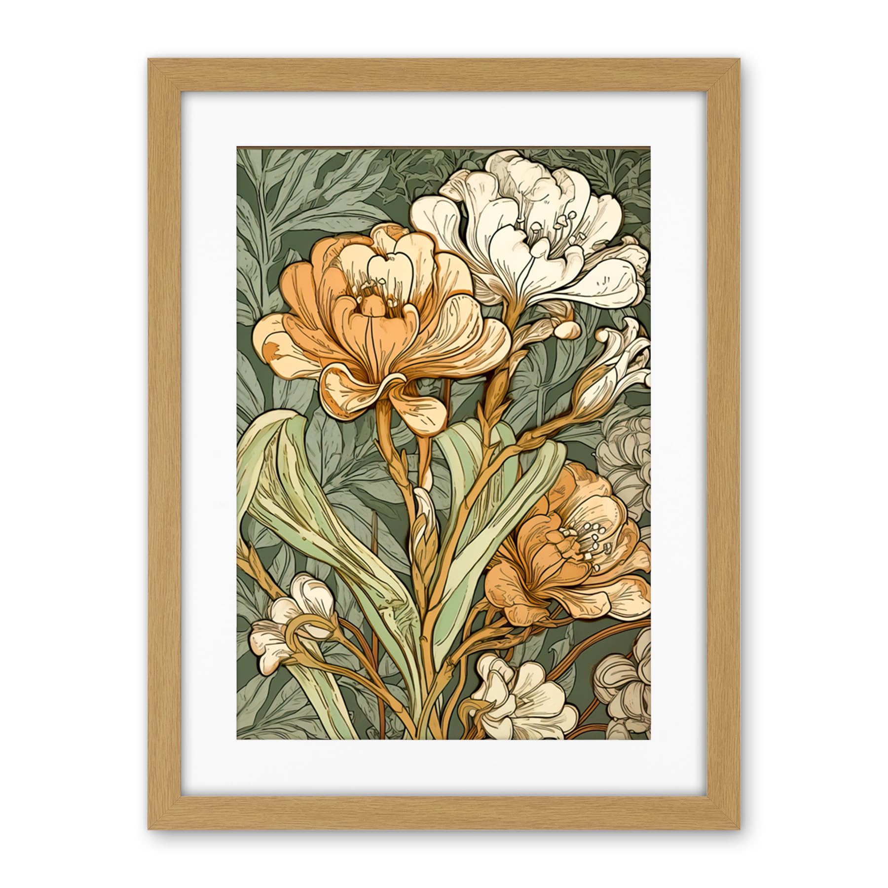 Artery8 White and Yellow Freesia Flower Blooms Watercolour Artwork Framed Wall Art Print 18X24 Inch