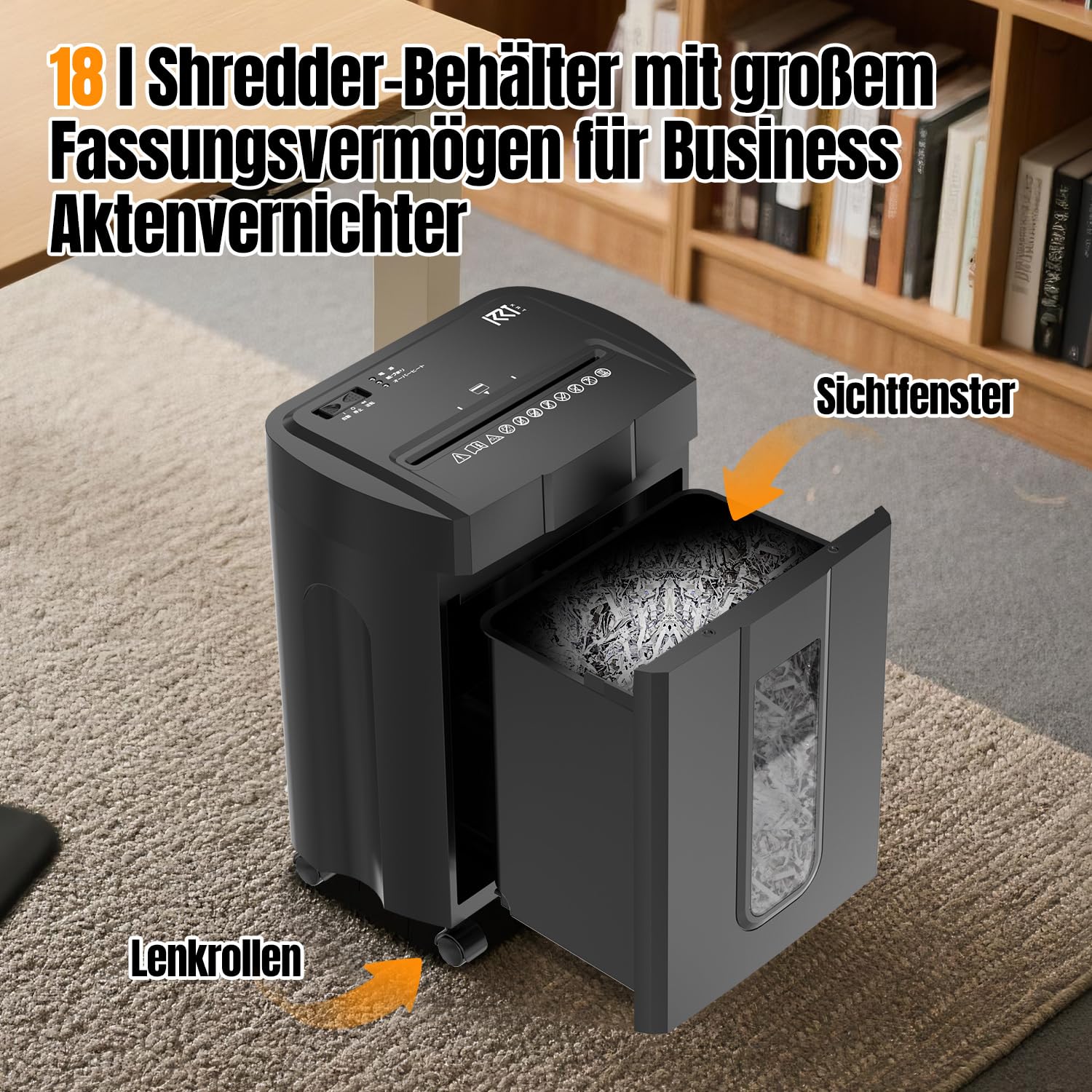 Aktenvernichter, leise 45 dB, Betriebsdauer 45 Min., 15 Blatt, Sicherheits-C-Schnitt P-4, herausnehmbarer 18-Liter-Abfallbehälter, Anti-Papierstau, mit Rollen – für Büro und Zuhause – schwarz