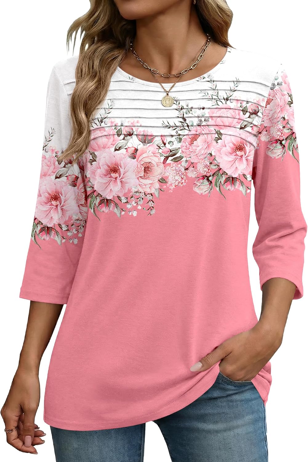 Zeagoo Womens Tops 3/4 Length Sleeve Blouses Dressy Casual Shirt Pleated Front Tunic Floral Printed Spring Clothes