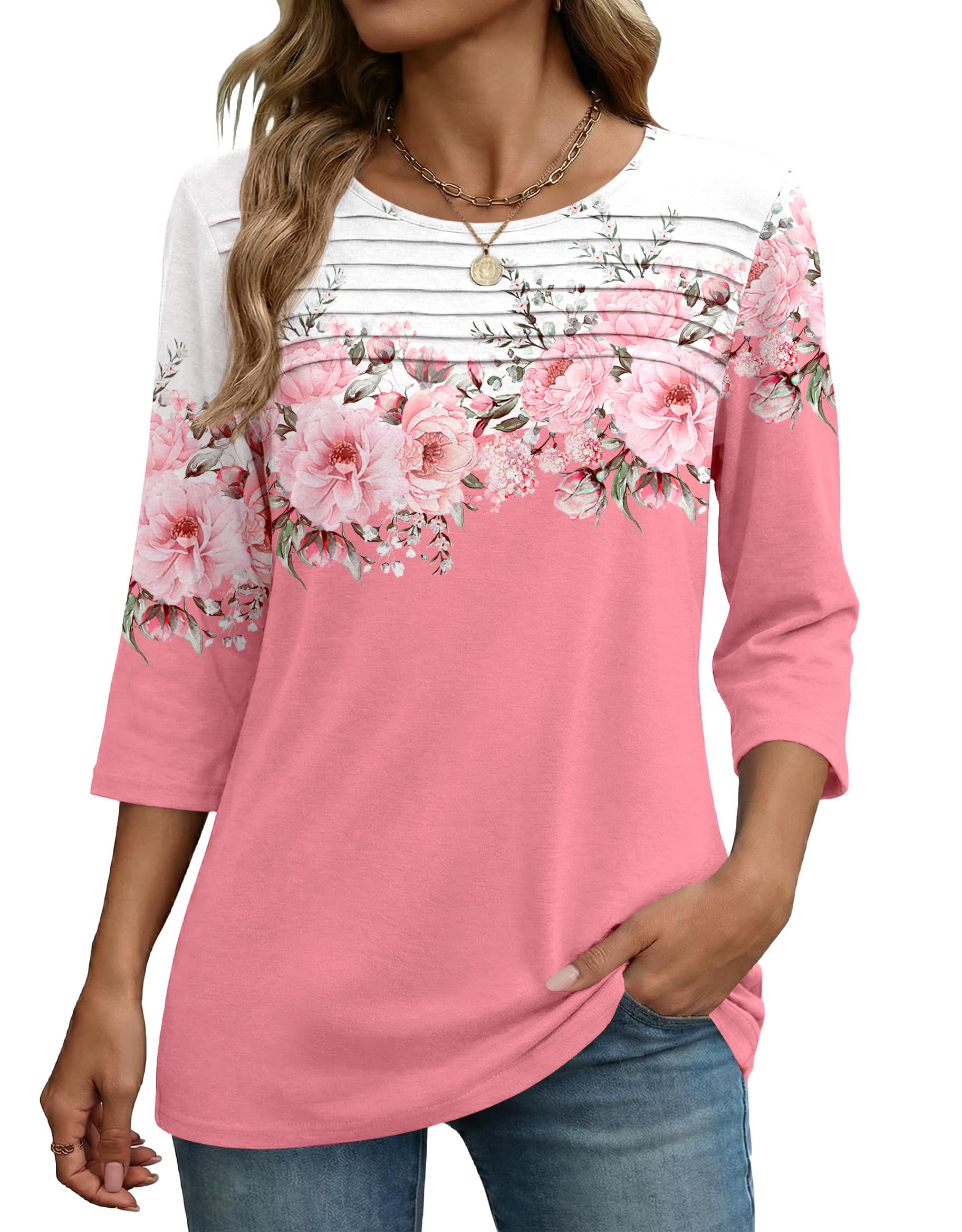 Zeagoo Womens Tops 3 4 Length Sleeve Blouses Dressy Casual Shirt Pleated Front Tunic Floral Printed Spring Clothes