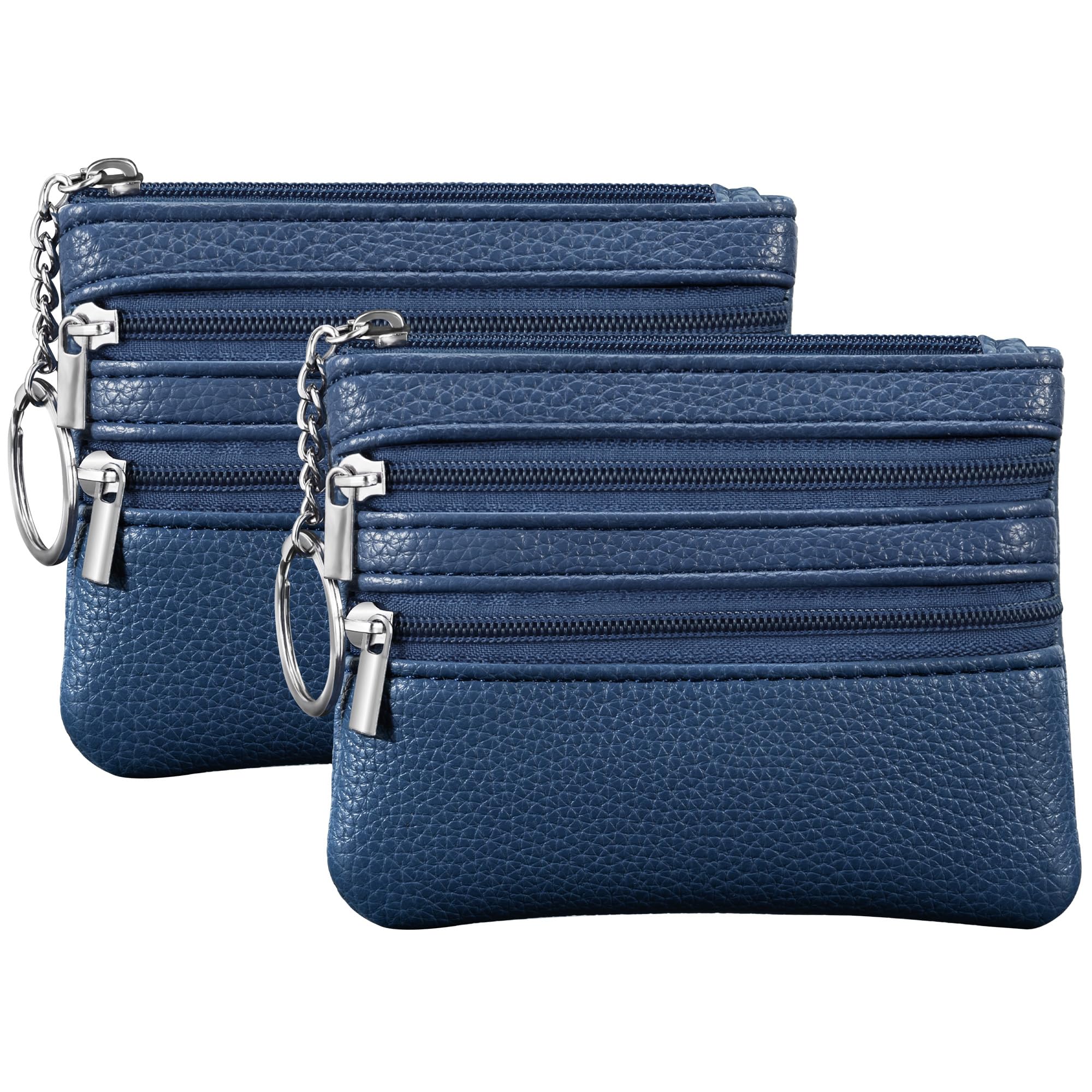 Chelmon 2 Pack Coin Purse Pouch Change Card Holder Wallet with Keychain for Women and Men (Blue &amp; Blue)