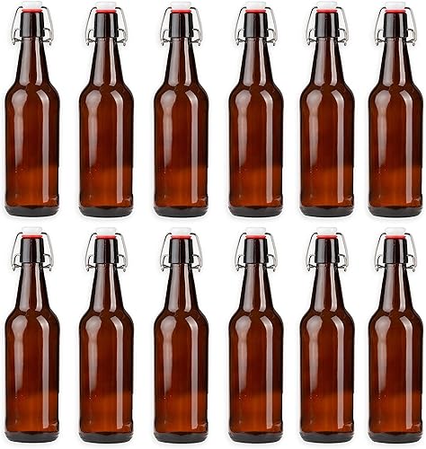 Ilyapa Botellas de cerveza de vidrio ámbar de 12 onzas para elaboración casera - Paquete de 12 con tapas abatibles para embotellado de cerveza