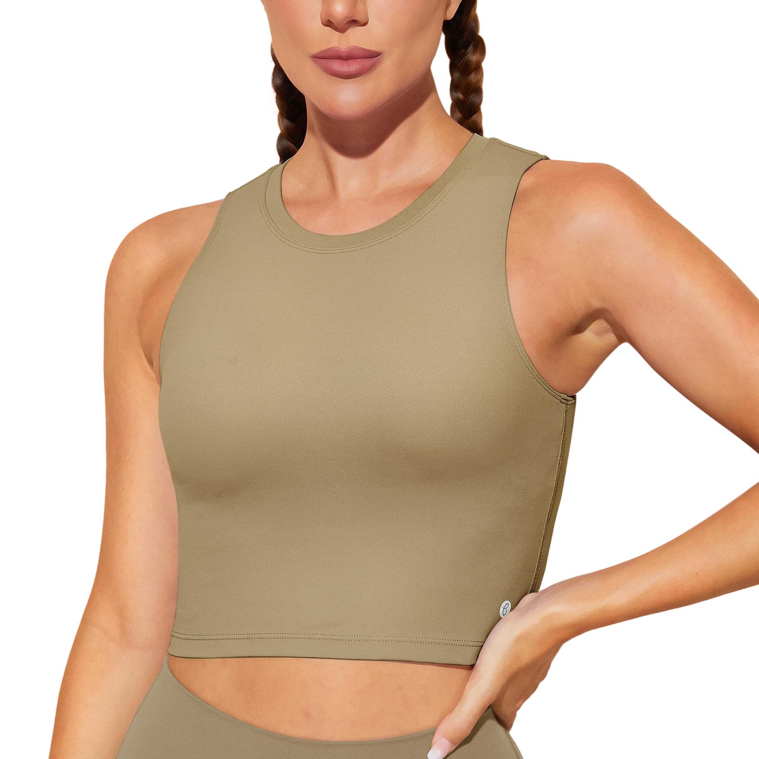 BAYDI Sports Bra Removable Padded Crop Tops High Neck Tank Tops with Built in Bra Longline Yoga Workout Top Khaki