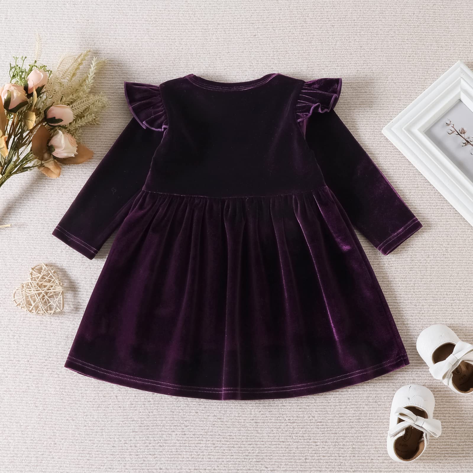 Vestito da ballo per bambini, per bambine, per Natale, principessa, linea A, con volant, a maniche lunghe, in velluto, per autunno, inverno, per feste in tinta unita, per compleanno, per le vacanze,