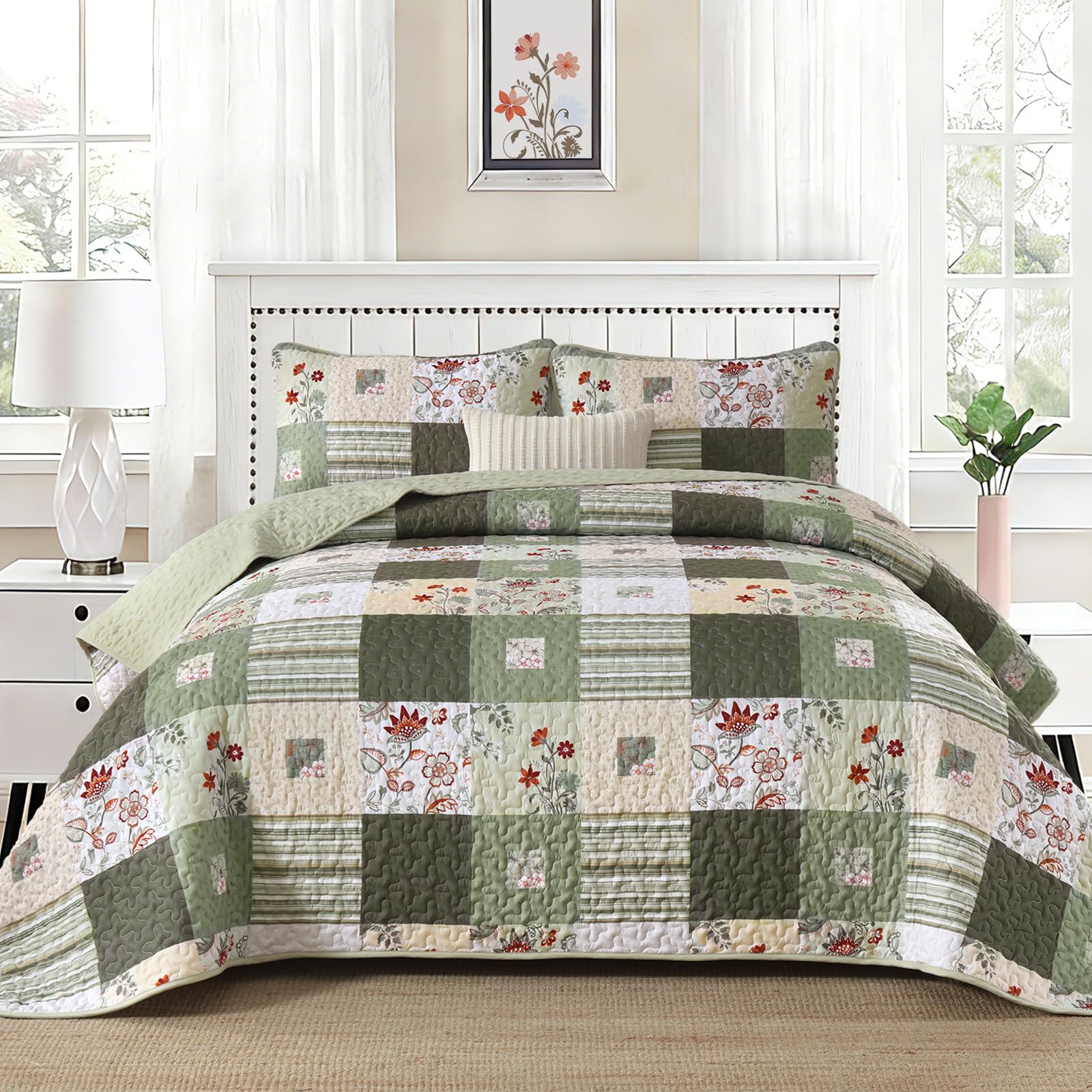 Anibedding Floral Patchwork Quilt Set King Green Bedspread Coverlet Set, 3 Pieces Soft Microfiber Boho Quilts Bedding Set, Farmhouse Floral Plaid Summer Bedspread Bed Cover 110"x90"