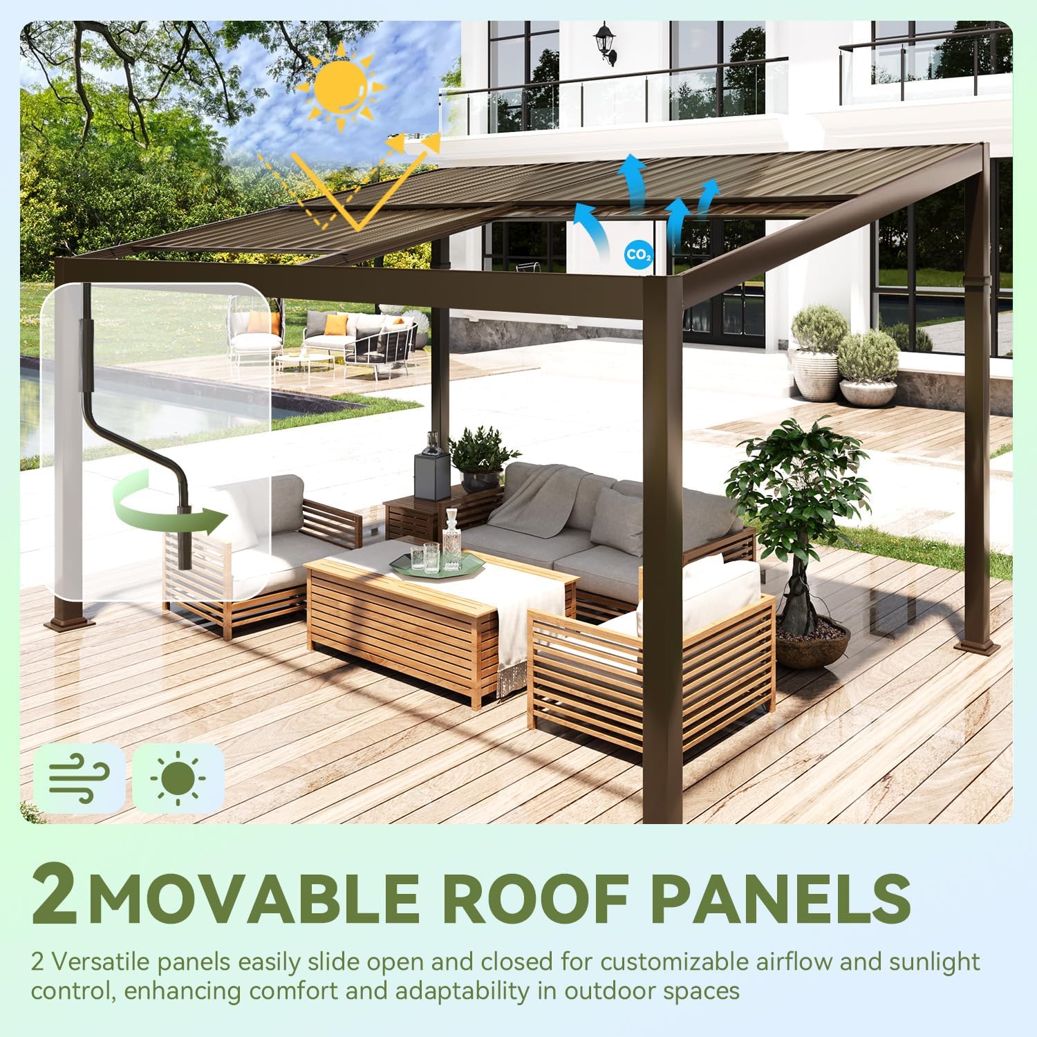 Gazebo with two movable roof panels, one open to show sunlight and airflow