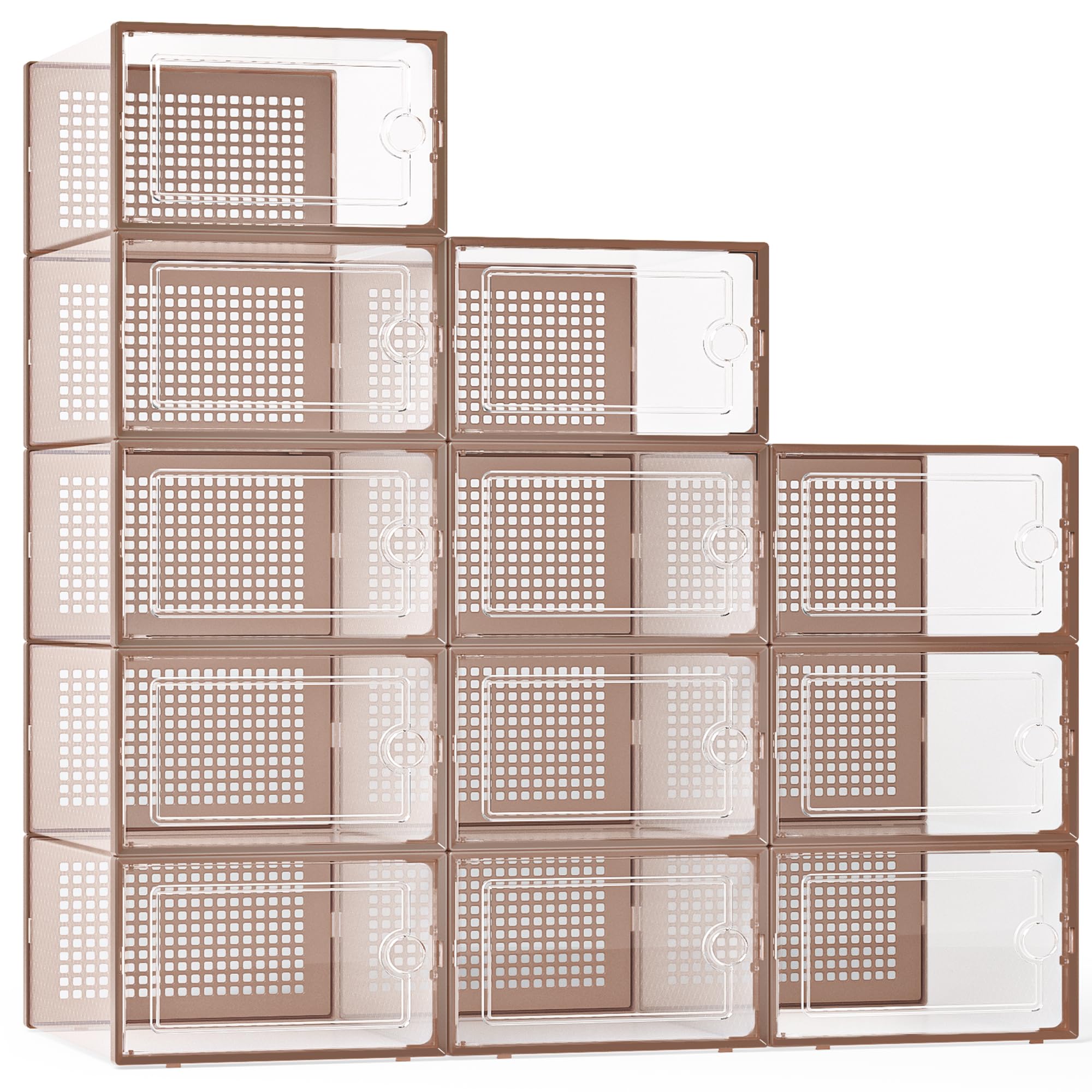 Kuject X-Large Shoe Storage Boxes Organizers for Closet 12 Pack, Fit Size 11,Clear Plastic Stackable Sneaker Containers for Entryway, Space Saving Shoe Rack,Substitute for Drawer Organize Unit, BrownGlobal Recycled StandardGlobal Recycled StandardGlobal Recycled Standard