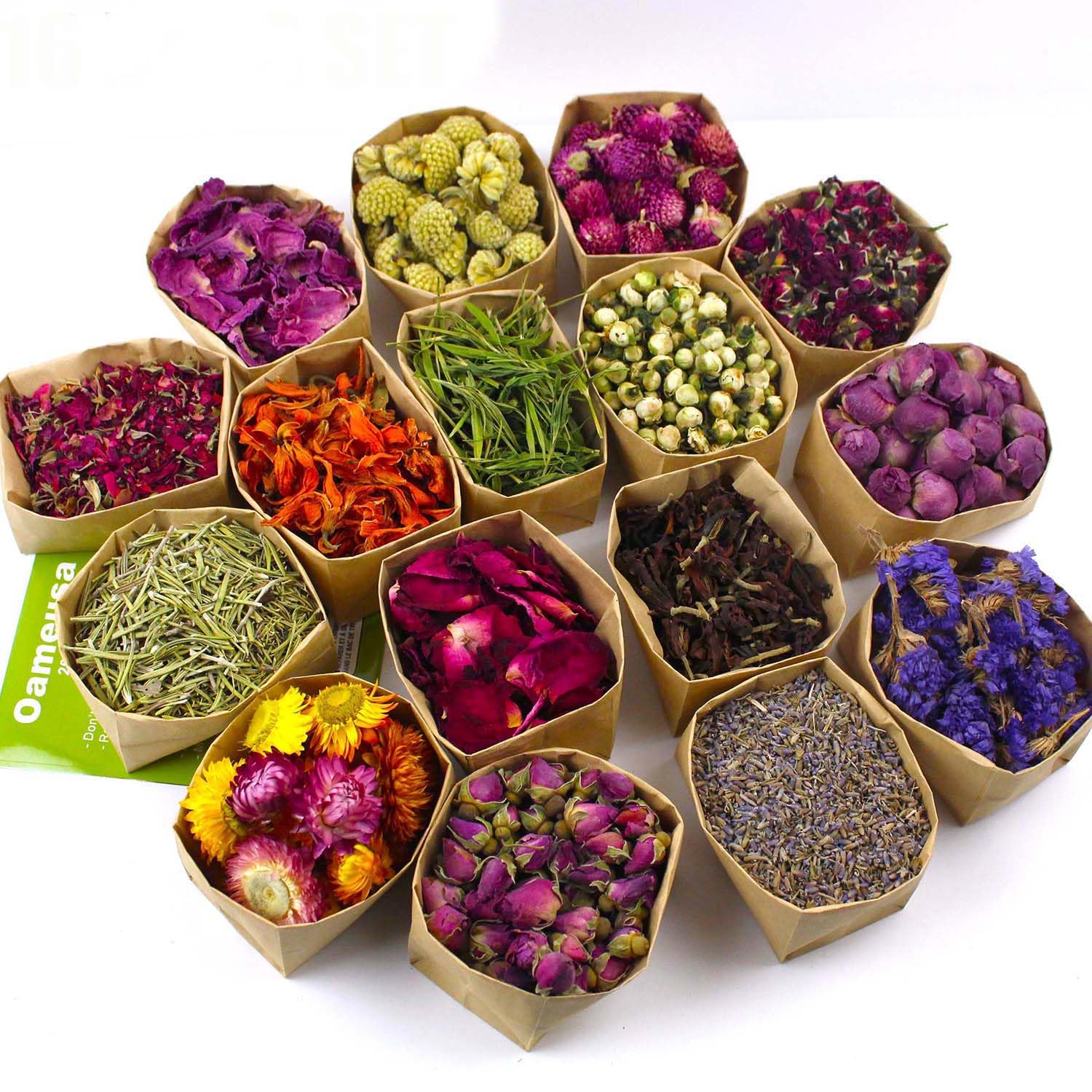 16 Bags Set Dried Flowers Artisan Dried Flower Kit - Candle Making Soap Making DIY Candel Flowers-,Lavender,Roseleaf,Pink Rose,Jasmine,Petal and More