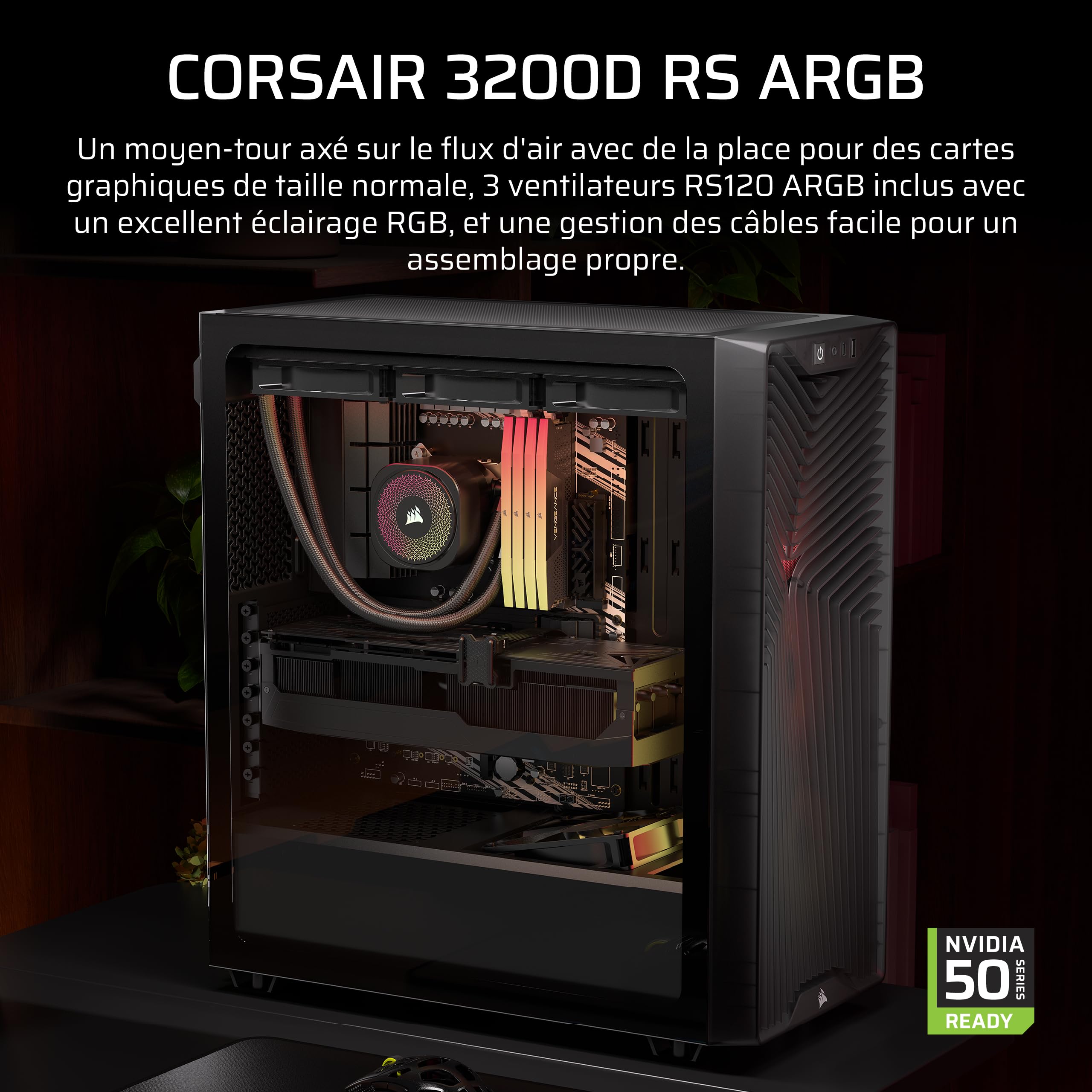 CORSAIR 3200D RS ARGB Boîtier PC Moyen Tour – 3 Ventilateurs Inclus – Fumée