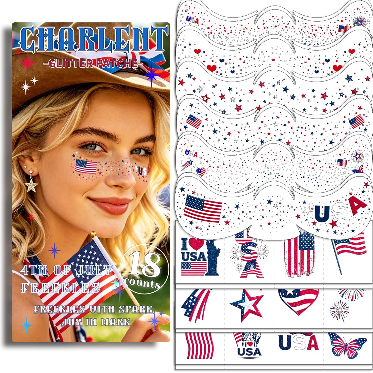 CHARLENT 4th of July Glitter Freckles Face Tattoos