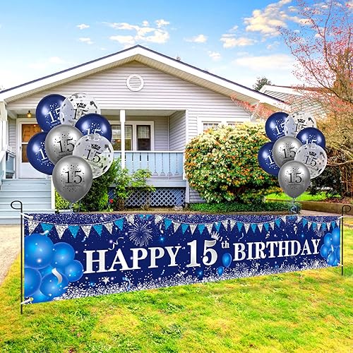 Miniatura 7 de Decoraciones azules de cumpleaños número 15 para niños y niñas, pancarta de feliz cumpleaños 15 azul marino plateado y globos de cumpleaños 15 para