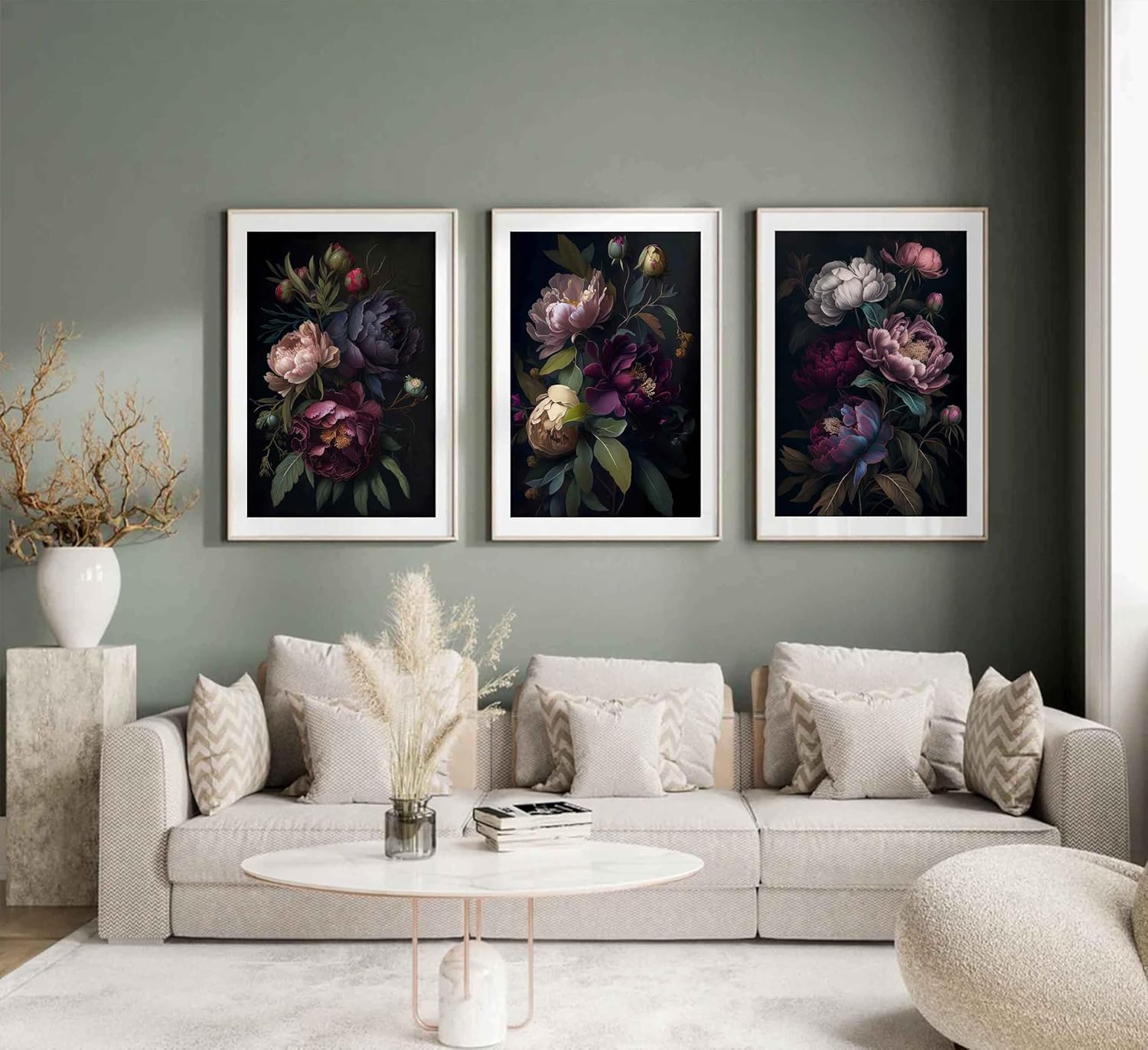 3 Pcs Moody Floral Canvas Wall Art Vintage Dark Peony Flowers Botanical Still Life Painting Picture Wall Decor Poster Print Artwork for Living Room Bedroom Women Room Home Decoration Unframed - Image 2
