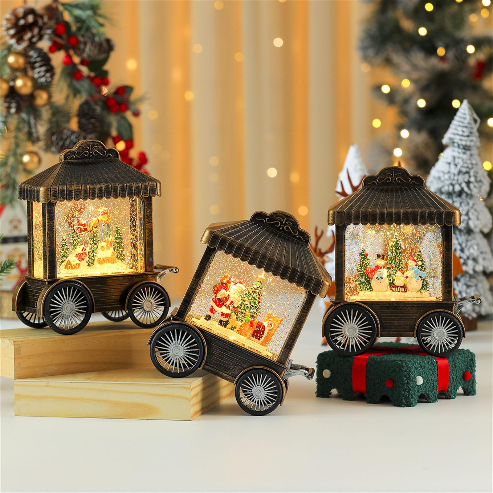 Weihnachtsfigur-Spieluhr aus Kunstharz, Wagen mit Schneefall, Tischdekoration, für Kinder, Erwachsene, Geburtstag, Schnee-Dekoration
