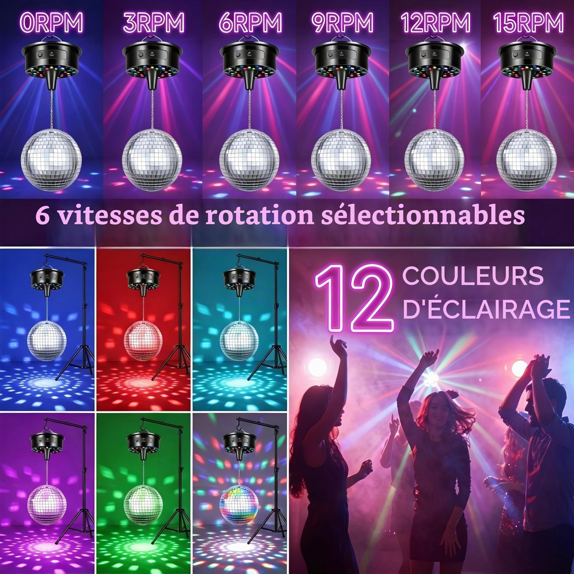 Moteur Boule Facettes 0-15 RPM 6 vitesses, LED & Télécommande pour Fête