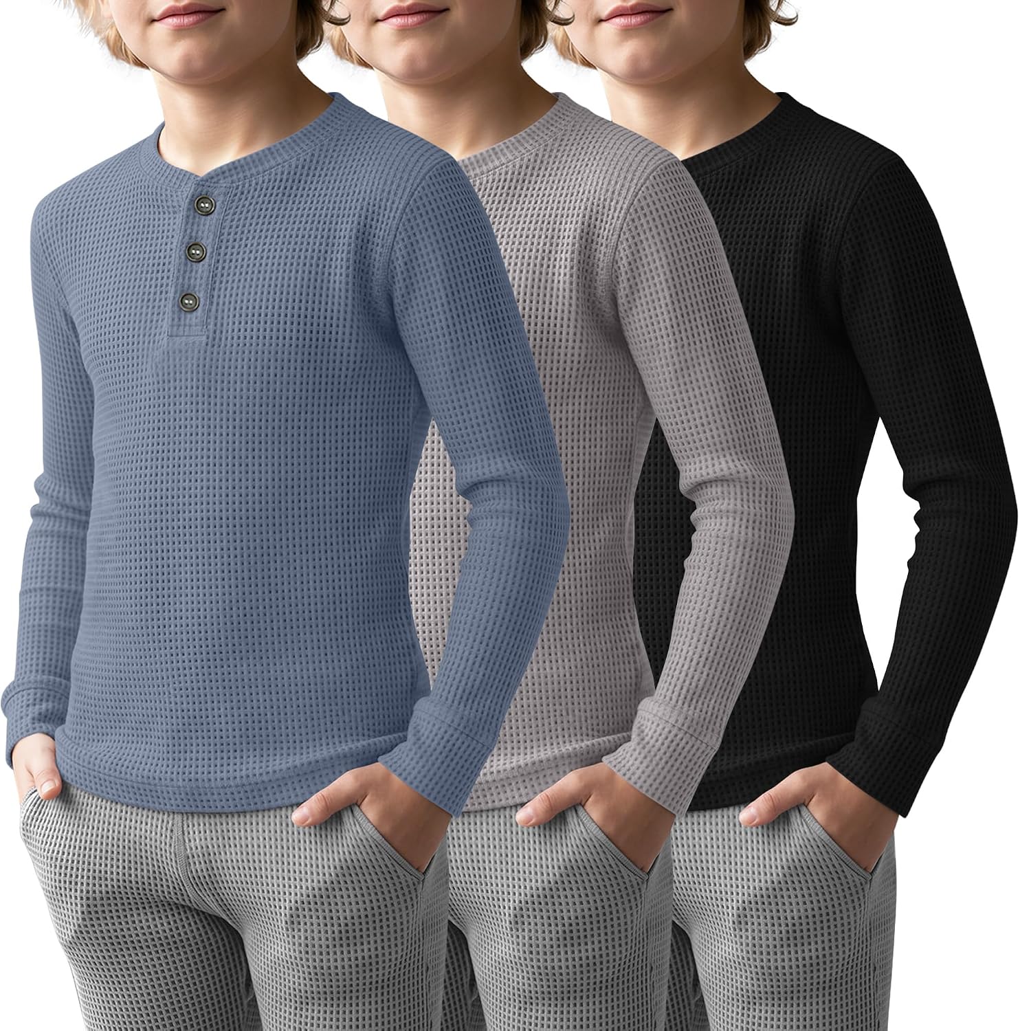 3 Pack Boys Long Sleeve Henley Waffle Knit Shirts