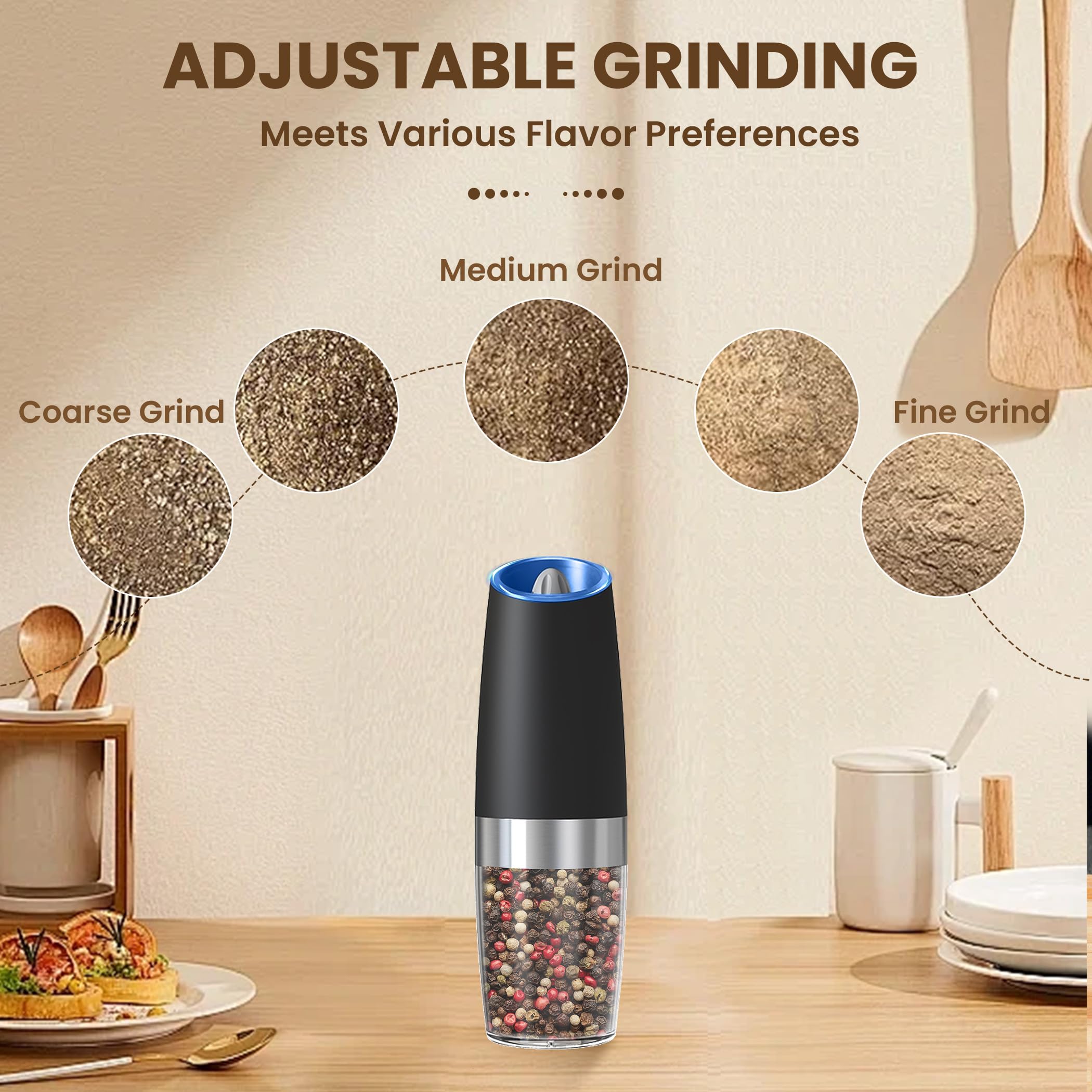 KIARYUOLL Gravity Electric Salt & Pepper Grinder Set – Automatic, Battery Powered With LED Light & Adjustable Coarseness (2-Pack, Silver) - View #3