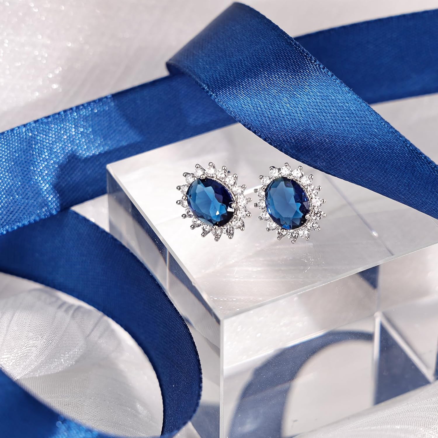 Sapphire Stud Earrings for Women – Elegant Blue Stud Earrings with CZ Halo, September Birthstone Jewelry Featuring Oval Sapphire Jewelry for Gift - Image 6