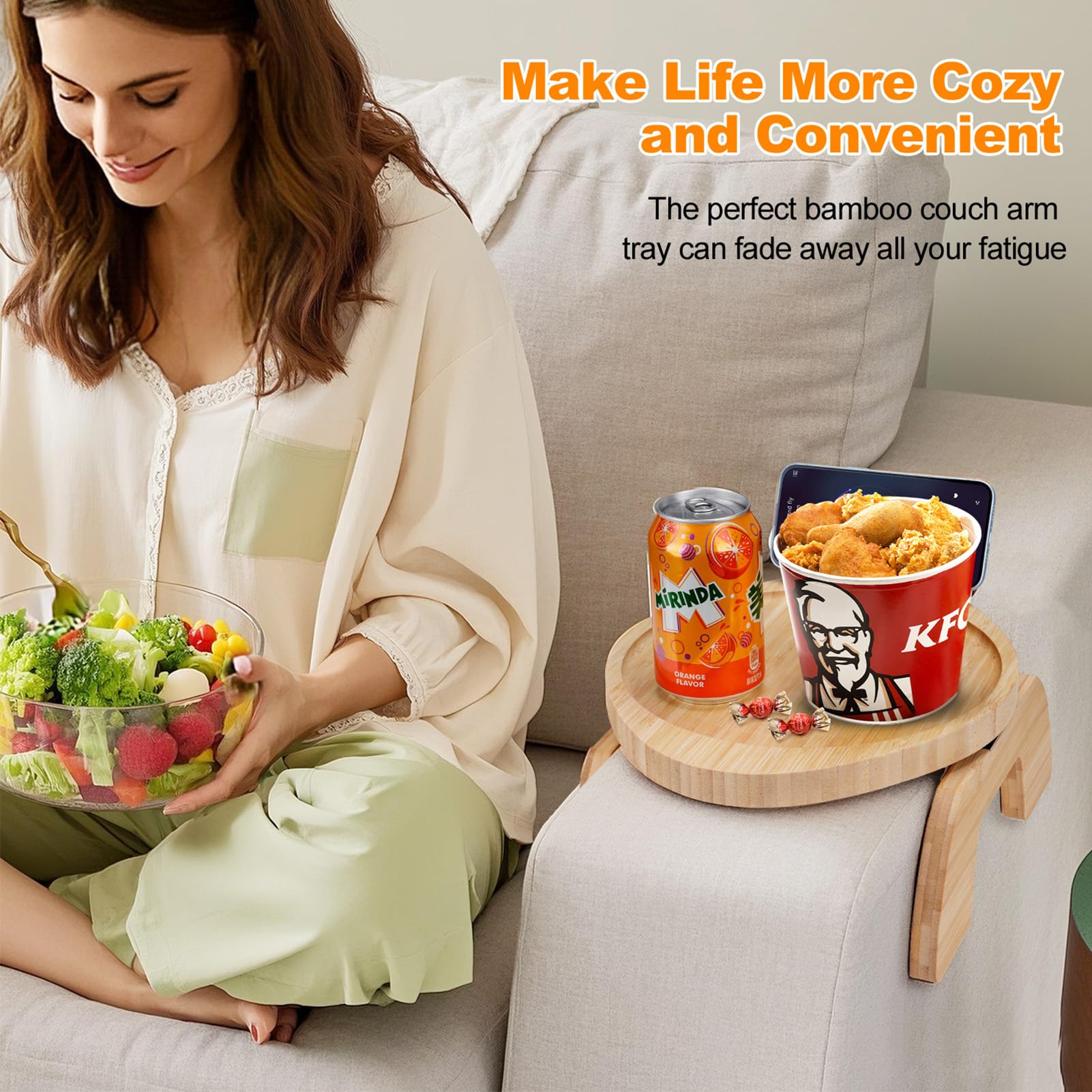 Sofa Arm Tray, Bamboo Couch Arm Tray with Anti-Slip Foldable Clip, Arm Rest Table for Couch with 360° Rotatable Phone Holder for Snacks, Drinks, Coffee, Cellphone, TV Remote
