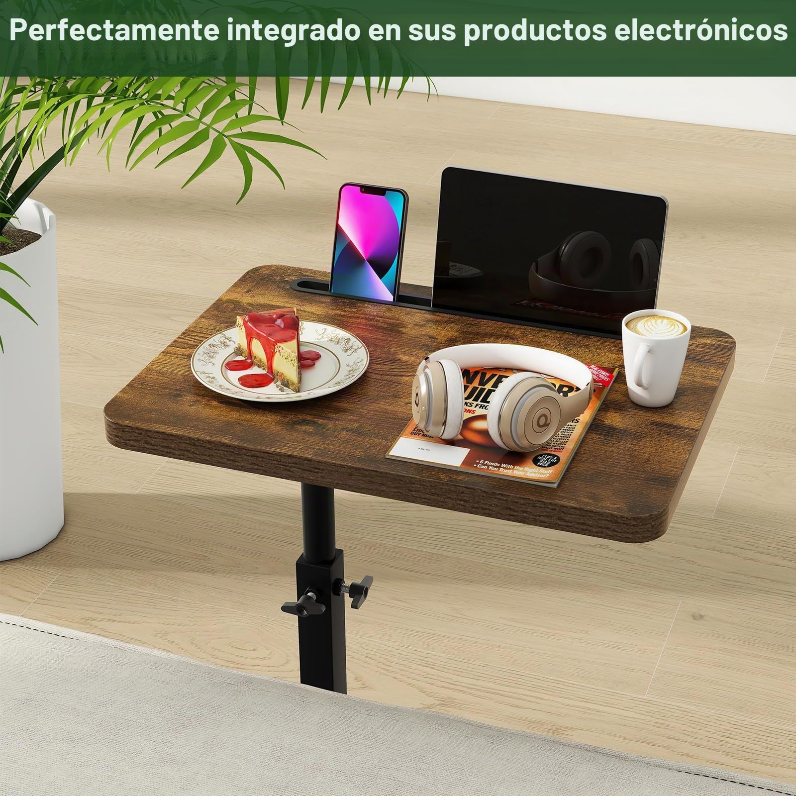 IBUYKE Mesa Auxiliar en Forma de C, Mesa Auxiliar giratoria de 360° en Altura Ajustable para Espacios pequeños, con Ranura para teléfono y Tableta, Mesa de café para sofá/Cama, Marrón TVT003H