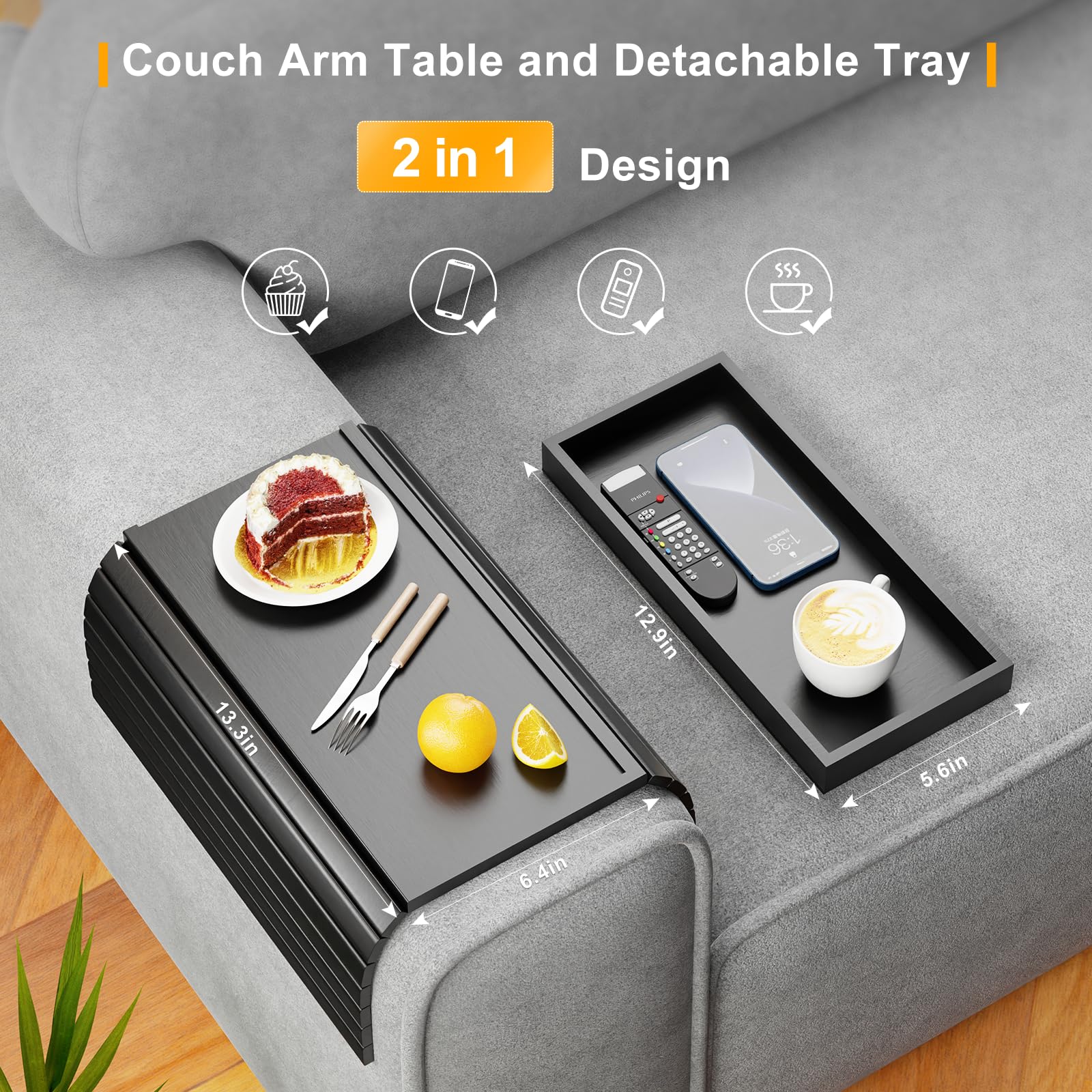 Bestjing Black Sofa Arm Rest Tray Table for Couch - 2-in-1 Couch Arm Table with Be Slide Detachable Tray - Anti-Slip Foldable Sofa Armchair Caddy for Drinks Cup Cellphone TV Remote Snacks