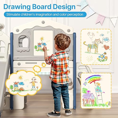 Miniatura 3 de BIERUM Juego de toboganes 9 en 1 para niños pequeños de 1 a 3 años con tira de luces, tablero de dibujo y tabla de bloques de construcción, juego