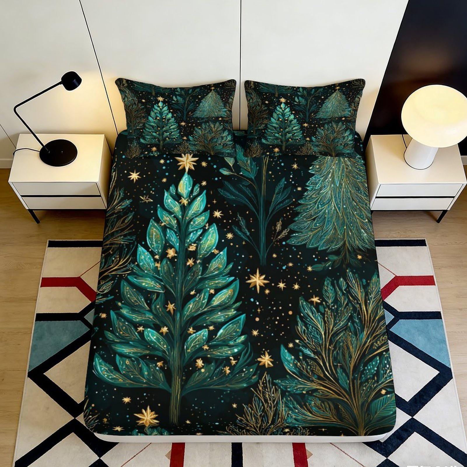 3D Printed Midnight Forest Fitted Sheet Microfiber Soft Breathable Starry Night Bed Cover for Bedroom Dorm Decor 90x200x25cm