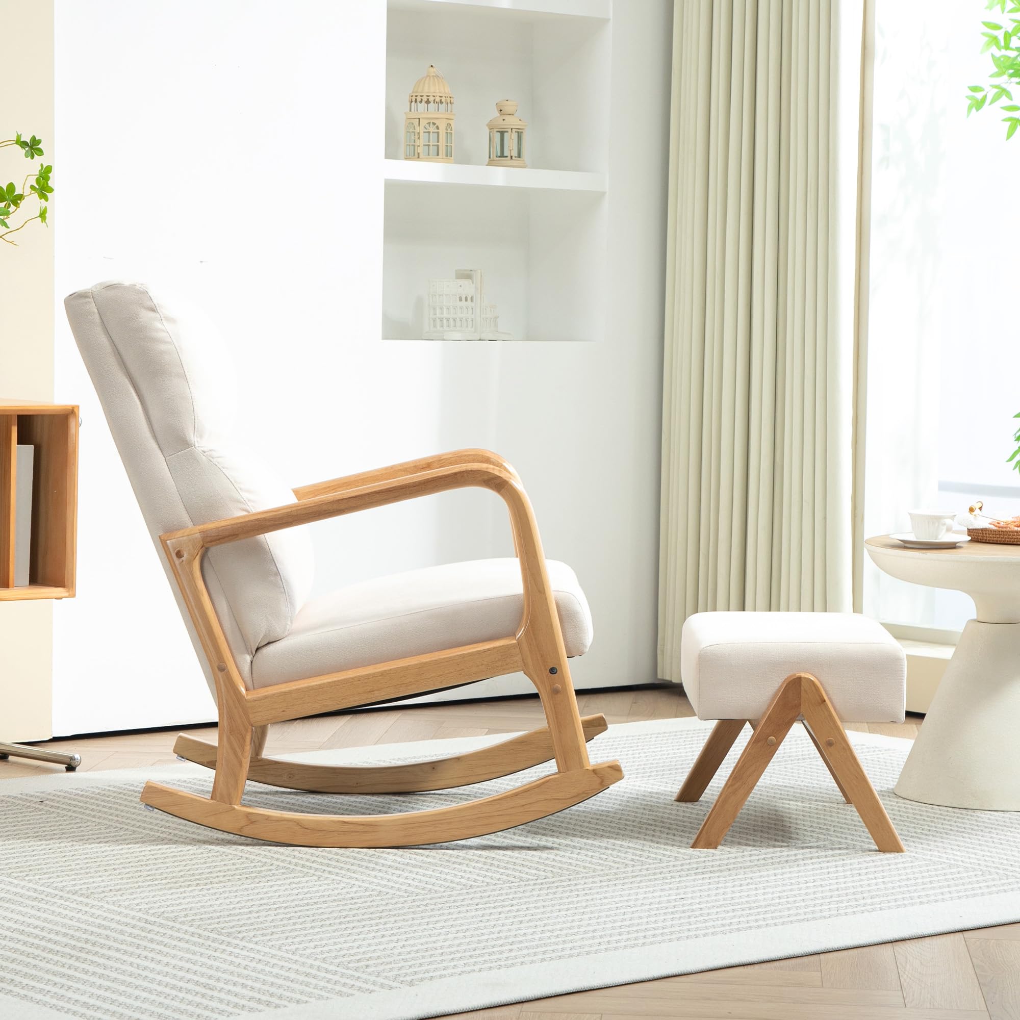 HOMCOM Schaukelstuhl mit Hocker Schaukelsessel Schwingsessel mit Leinenoptik Polstersessel Sessel für Wohnzimmer, Schlafzimmer, Cremeweiß