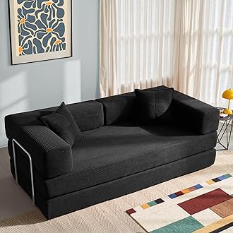 YINIX Foldable Sofa Bed, 78'' Folding Floor Couch, Compressed Convertable Sleeper Sofa, Memory Foam Couch with Pillow Back Support Armrest, 4-in-1 Futon Sofa Bed for Living Room, Black