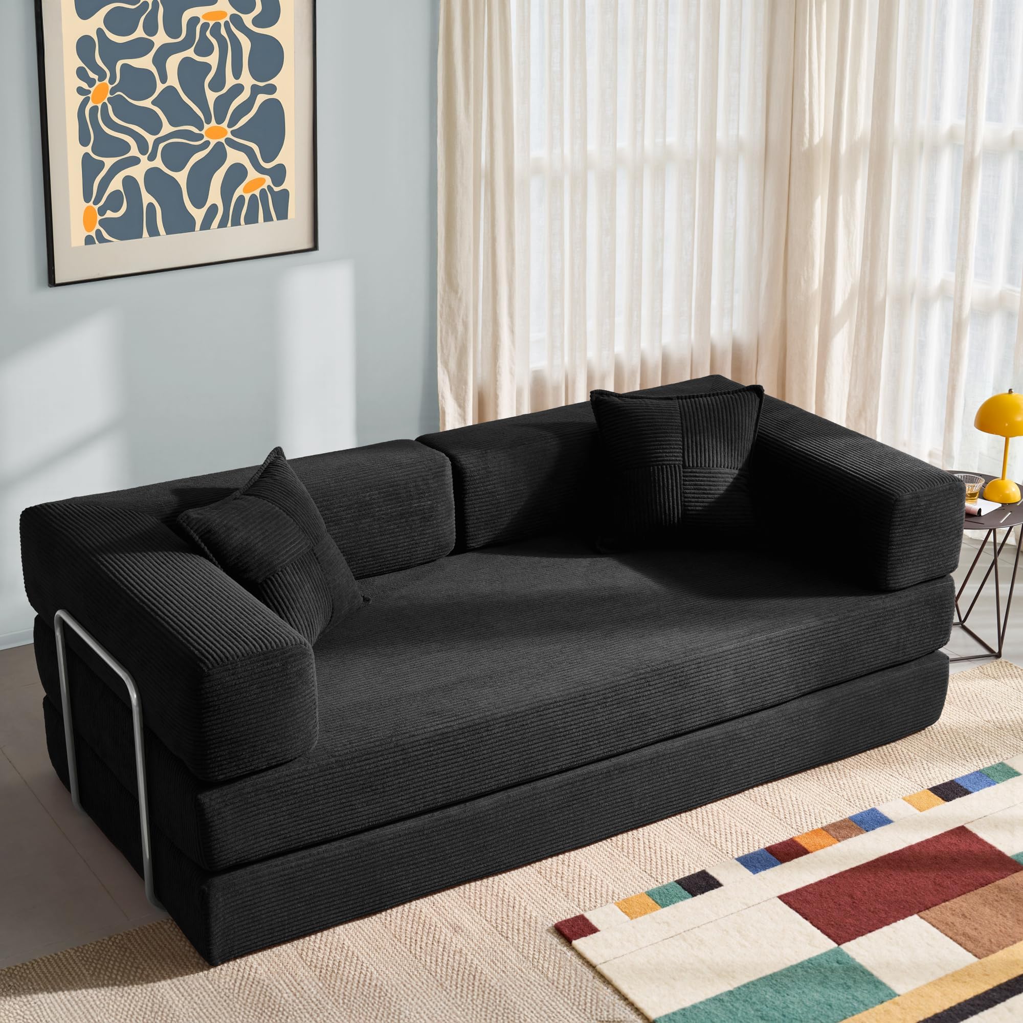 YINIX Foldable Sofa Bed, 78'' Folding Floor Couch, Compressed Convertable Sleeper Sofa, Memory Foam Couch with Pillow Back Support Armrest, 4-in-1 Futon Sofa Bed for Living Room, Black