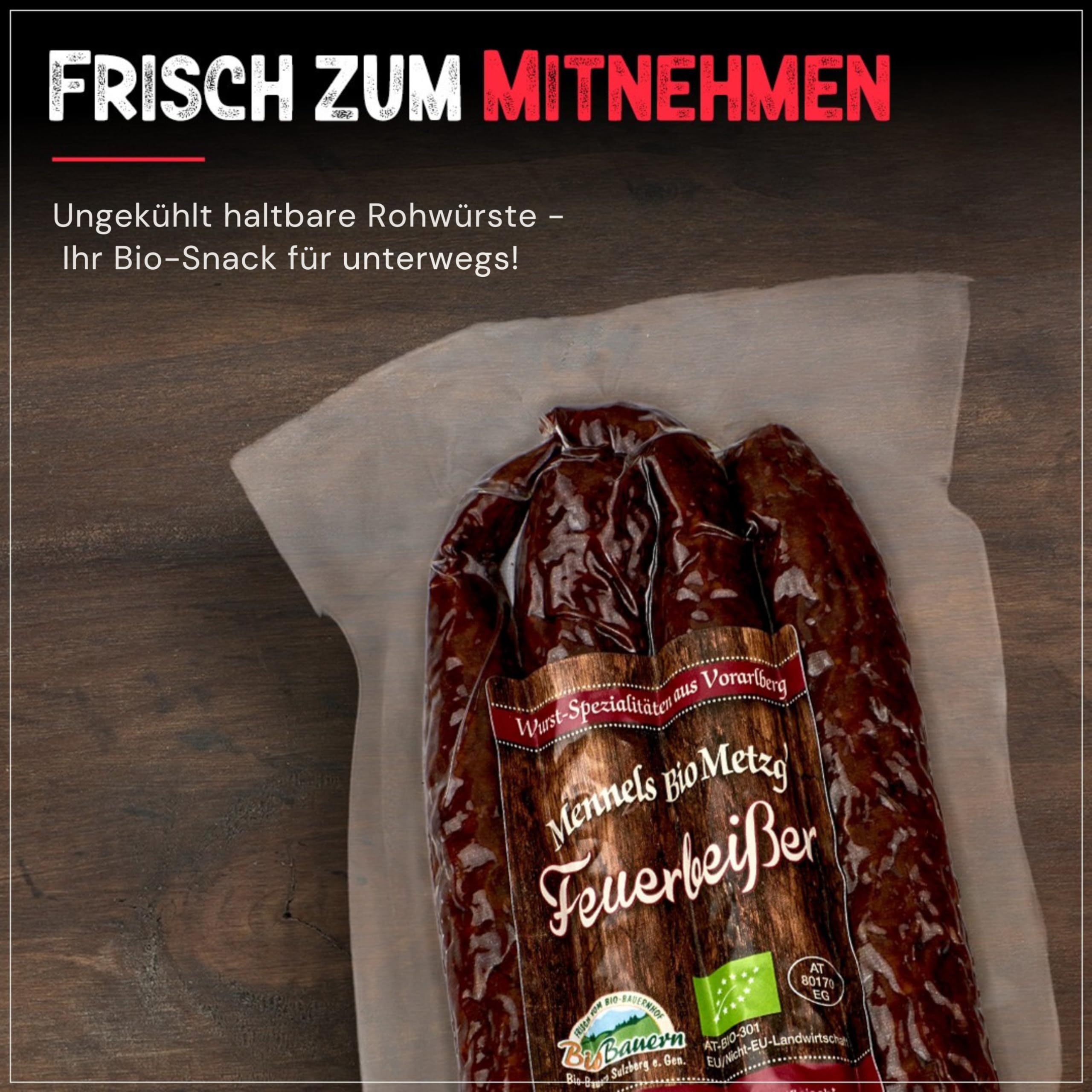 BIO Pfefferbeißer/Feuerbeißer 4 x 2 Paar – Rohwurst aus Rind & Schwein, nicht scharf – Snackwurst, zuckerfrei & glutenfrei – Handgemachte Bio Bauernwürste
