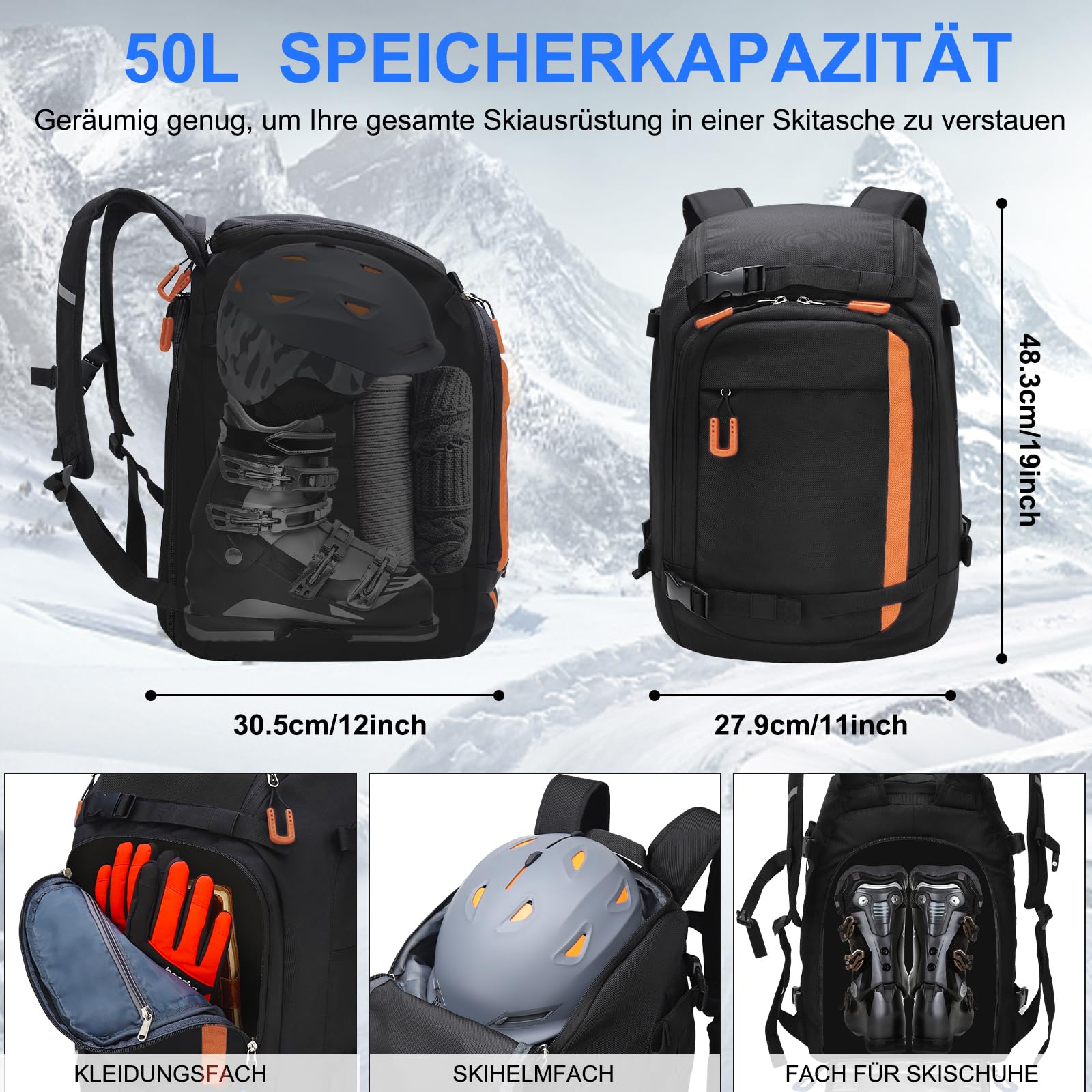 Bolsa para botas de esquí con compartimento para casco, 50 L, 1680D, nailon, mochila de esquí, con bolsa para casco, bolsa de esquí, para botas de esquí, patines, snowboard, naranja, Clásico