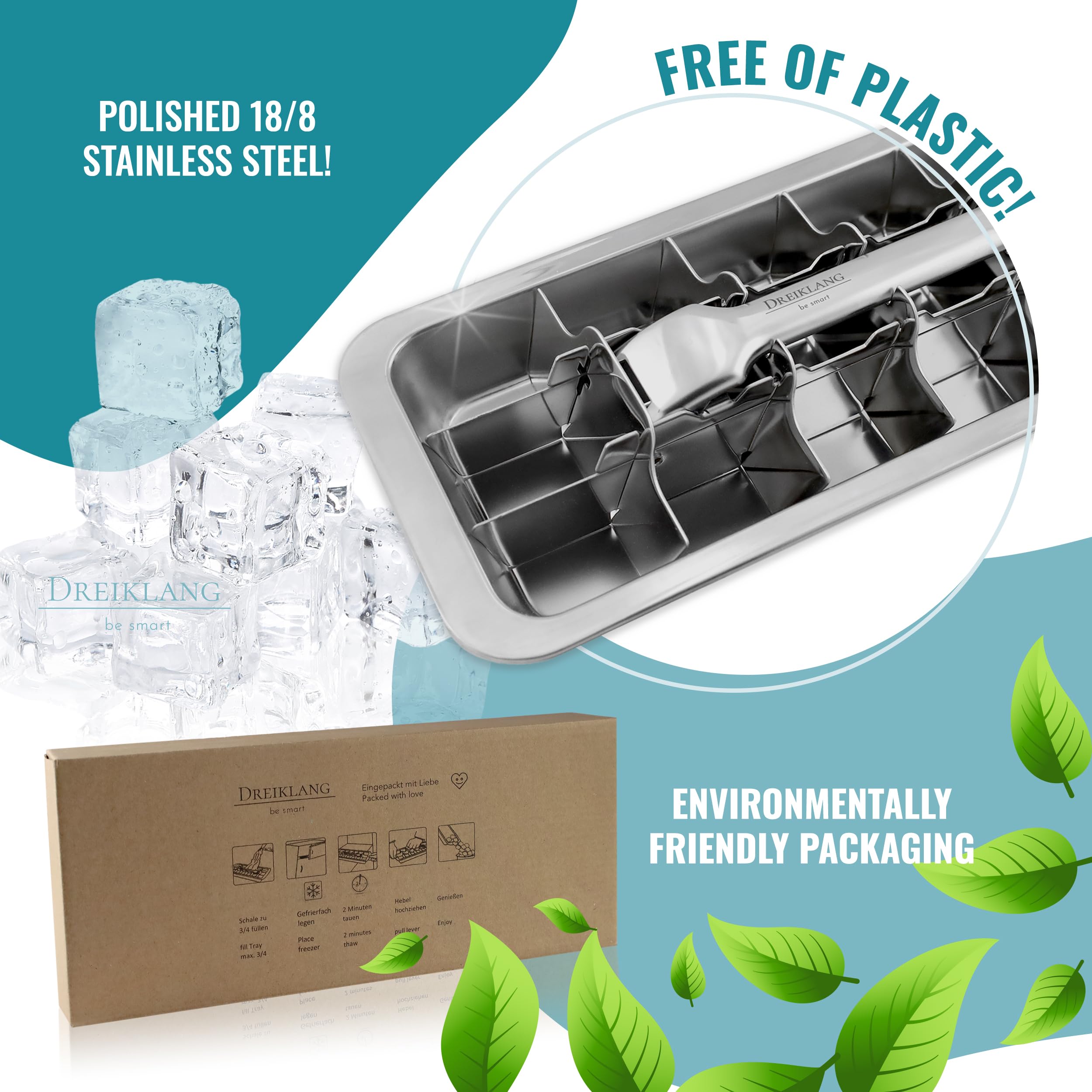 Dreiklang - be smart Bac à Glaçons Inox Lot de 2 18/8 poli avec Levier – Moule à Glace sans plastique & alimentaire pour 36 gros glaçons Ice Cube